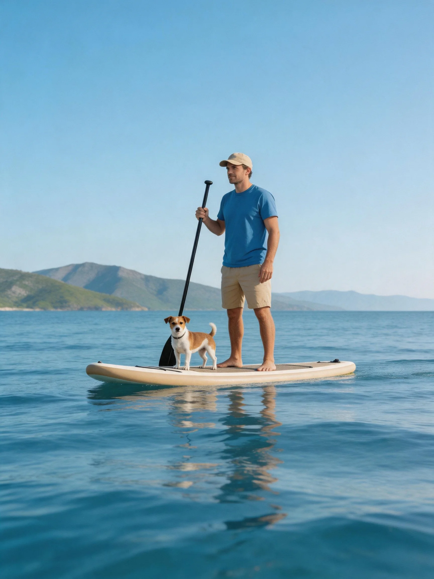 A man in blue shirt paddleboards with small brown dog on calm water