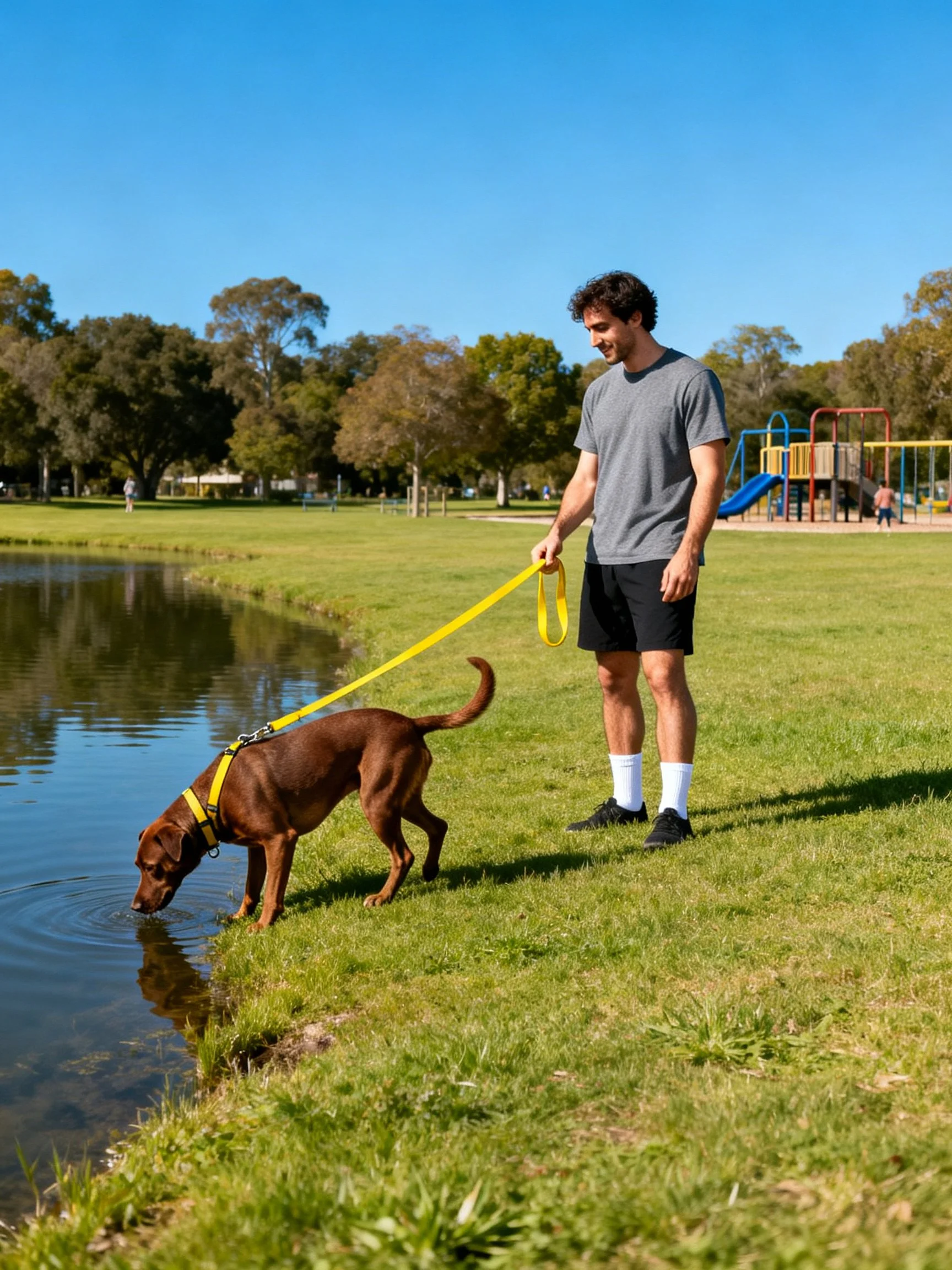 A man walks his brown dog near a pond in a sunny park setting.