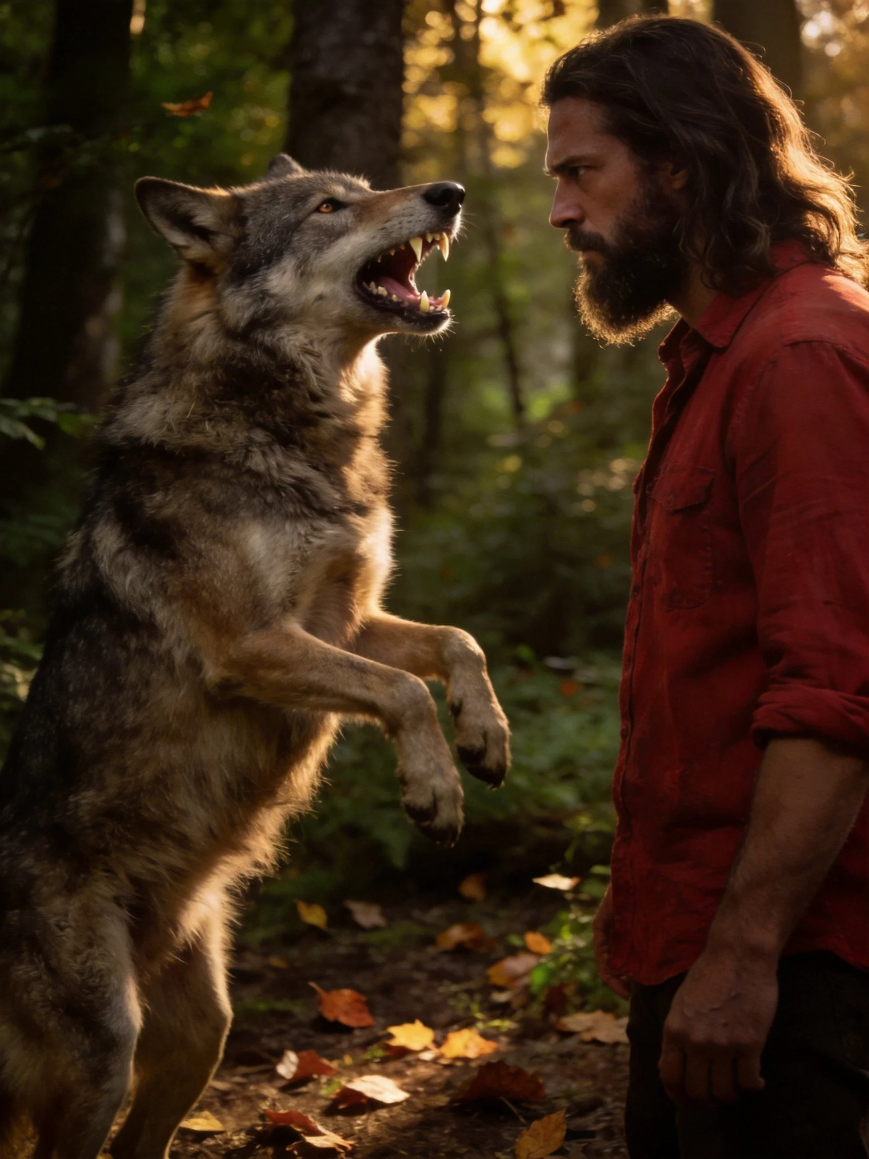 A man faces an aggressive wolf in a sunlit forest environment.