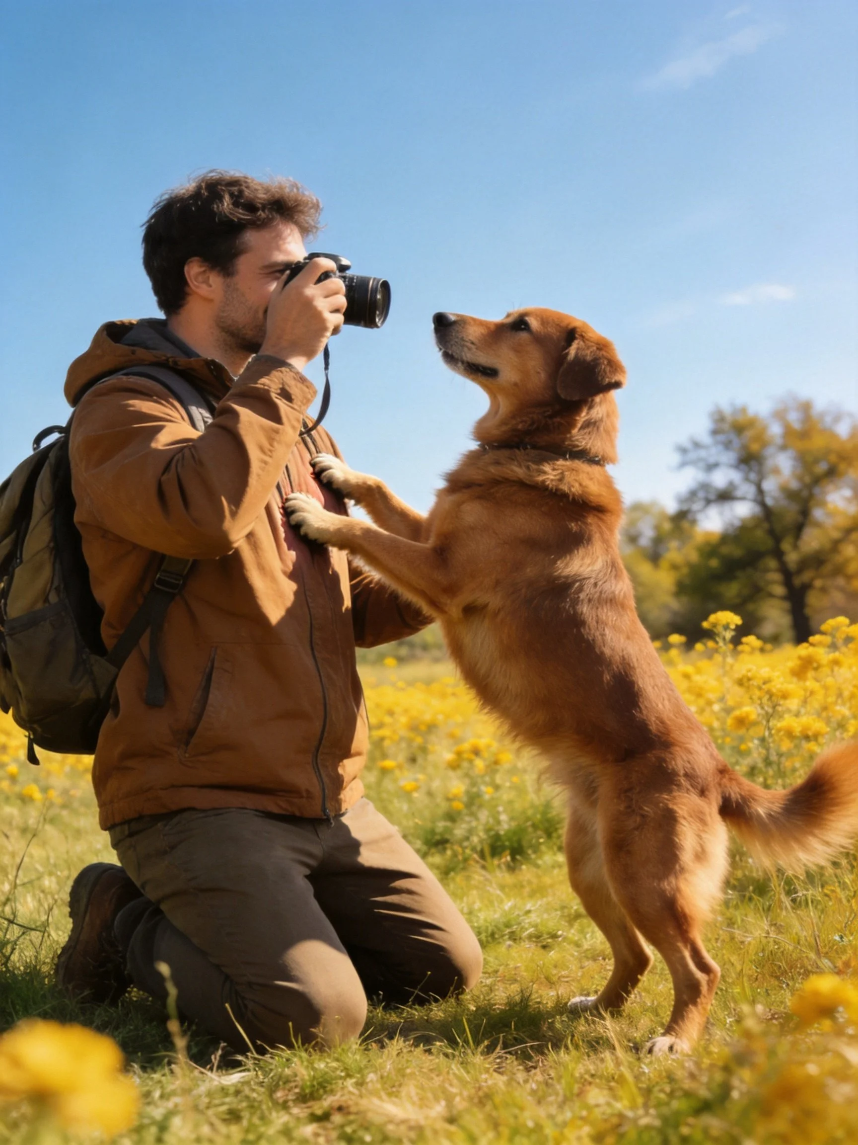 A man kneels photographing a golden-brown dog in a sunny flower field