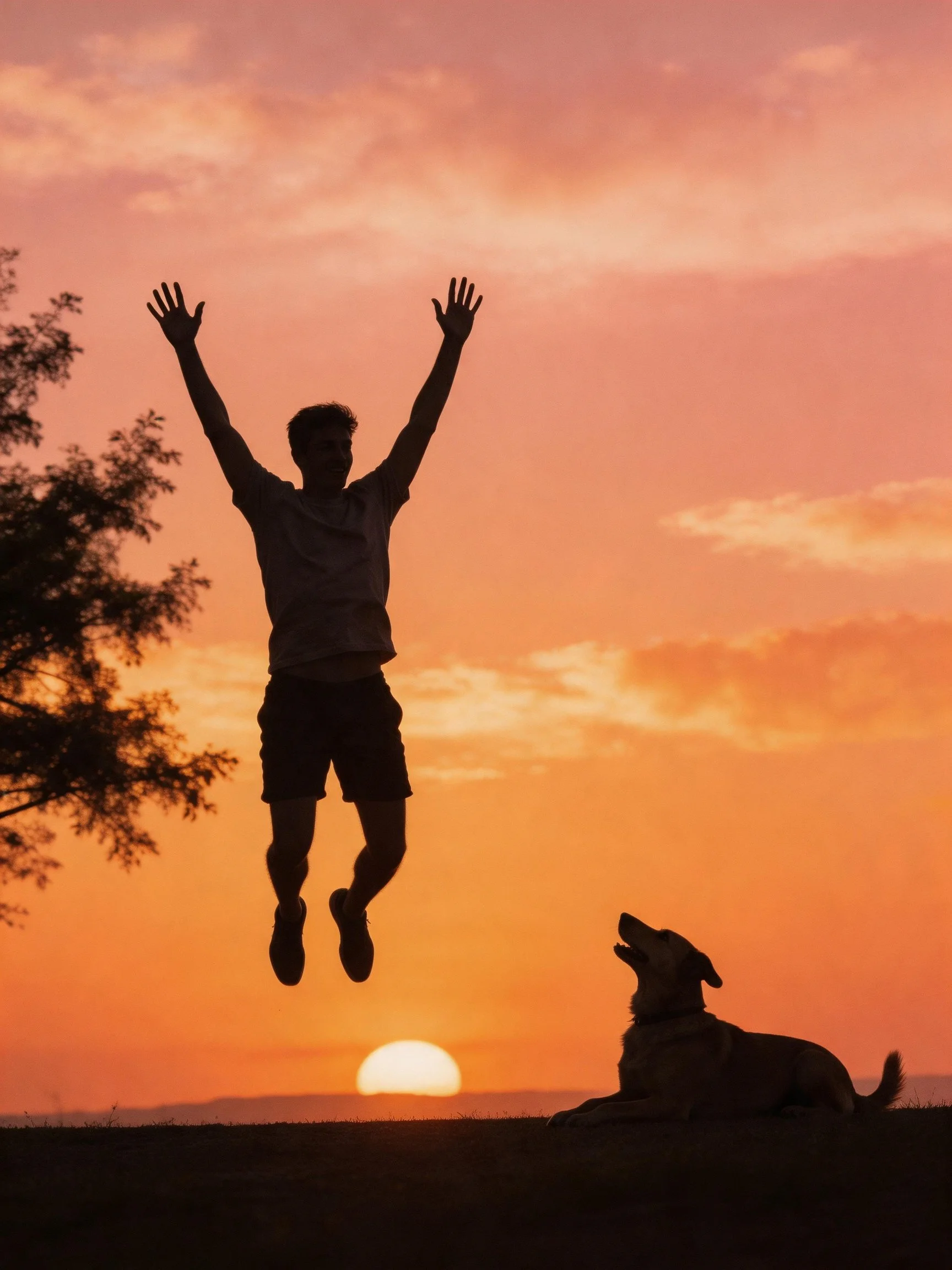 A man jumps joyfully next to his dog as they view the colorful sunset