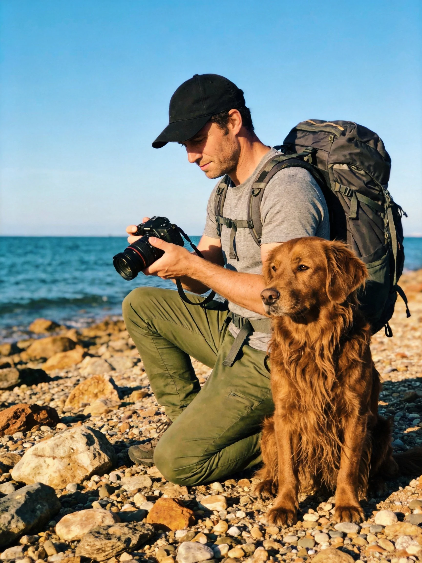 A man takes photos of his golden retriever on a rocky beach near the ocean.