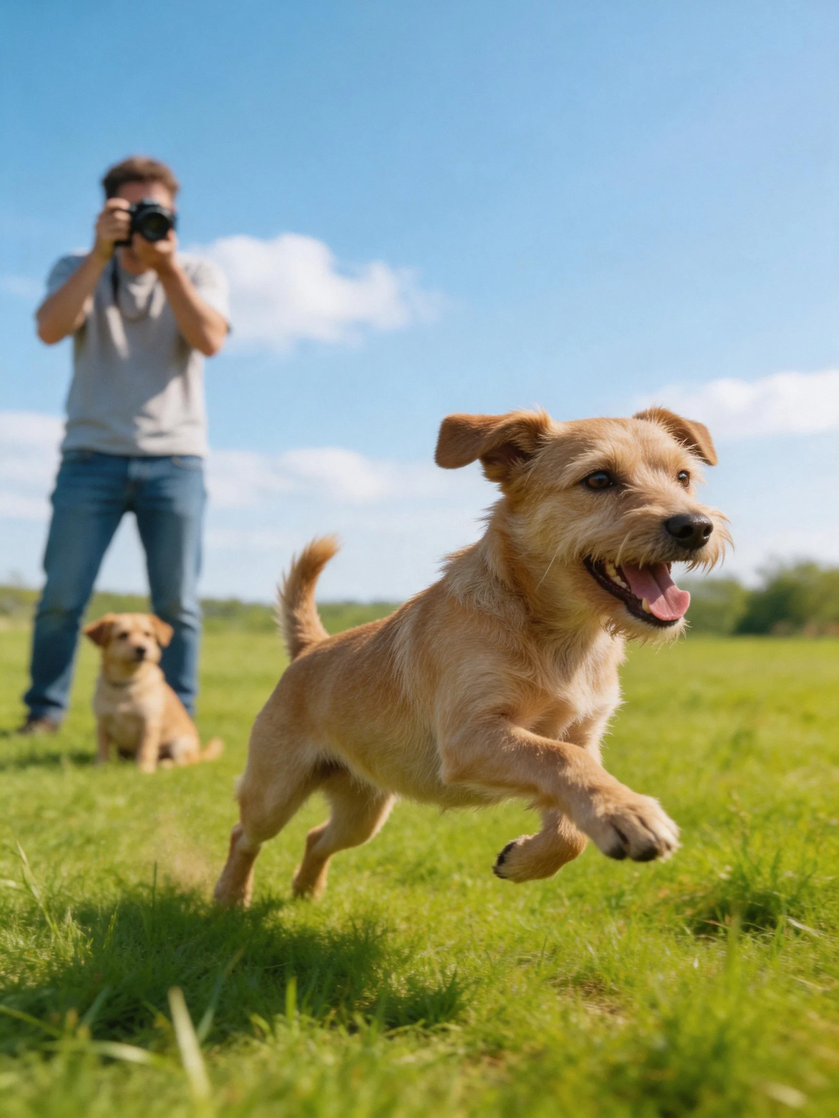 A man photographs two tan dogs playing in a sunny meadow.