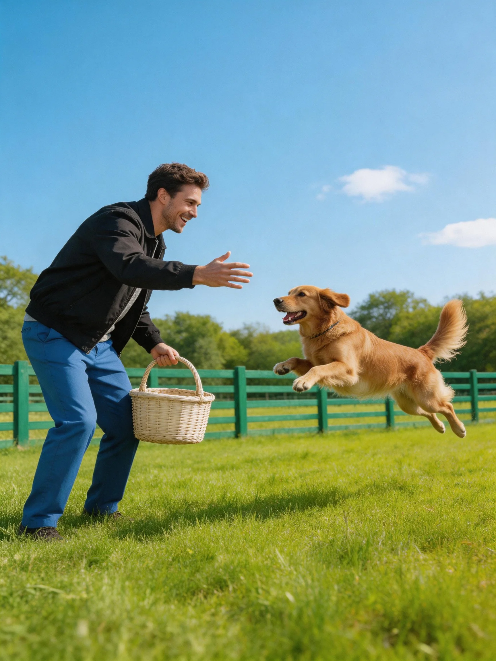 A man reaches out toward a leaping golden retriever in a sunny field.