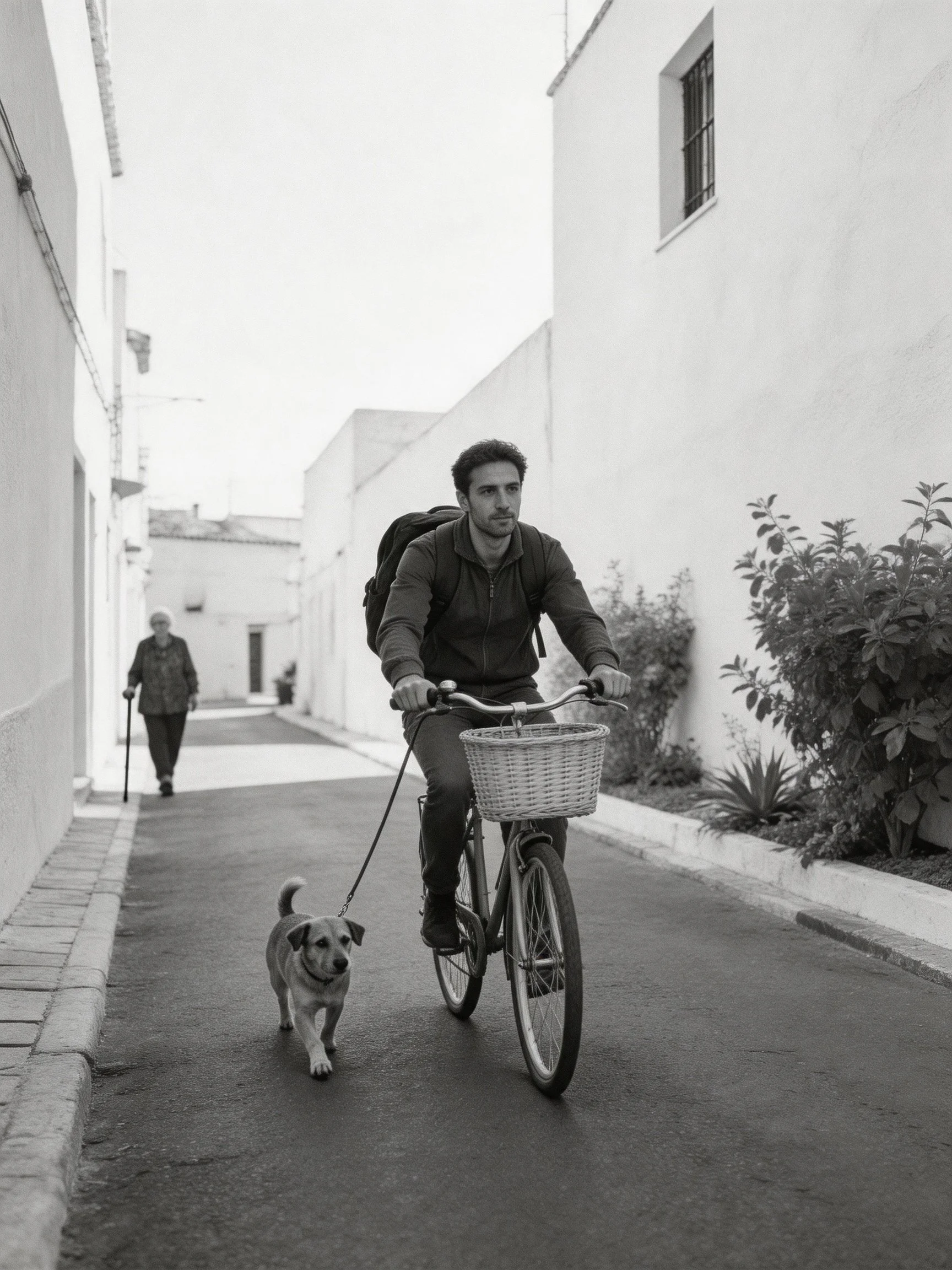 A man rides a bicycle with a leashed dog down a narrow alleyway