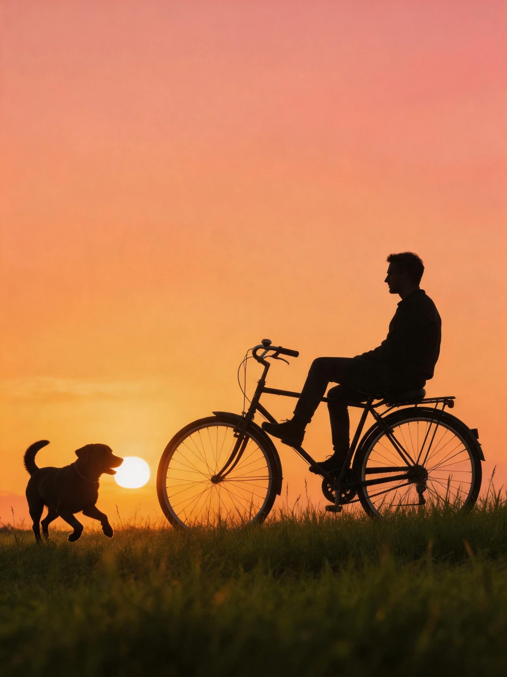 A man rides a bicycle next to a dog during a vibrant sunset