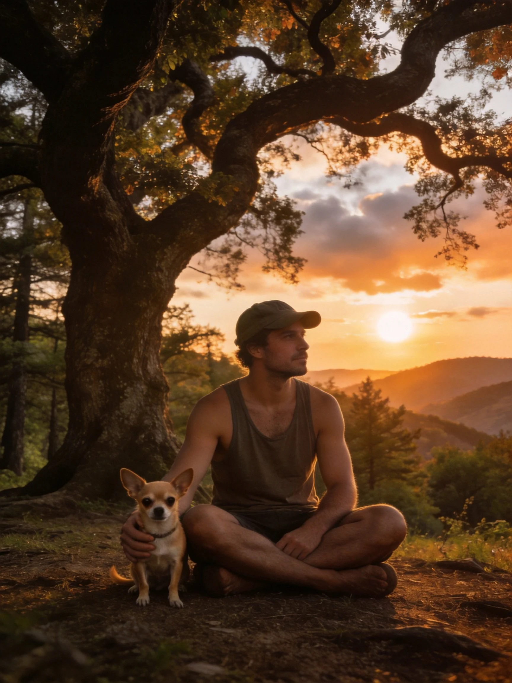 A man and his small dog rest under a tree as the sun sets over mountainous scenery