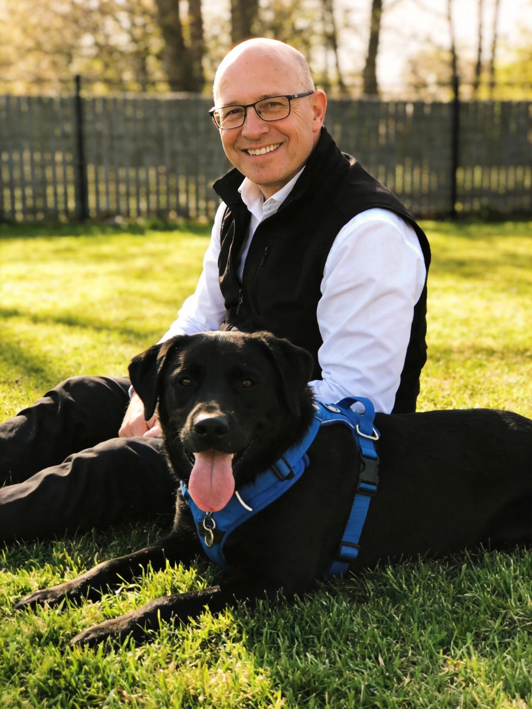 A man sits outdoors next to his black dog wearing a blue harness.