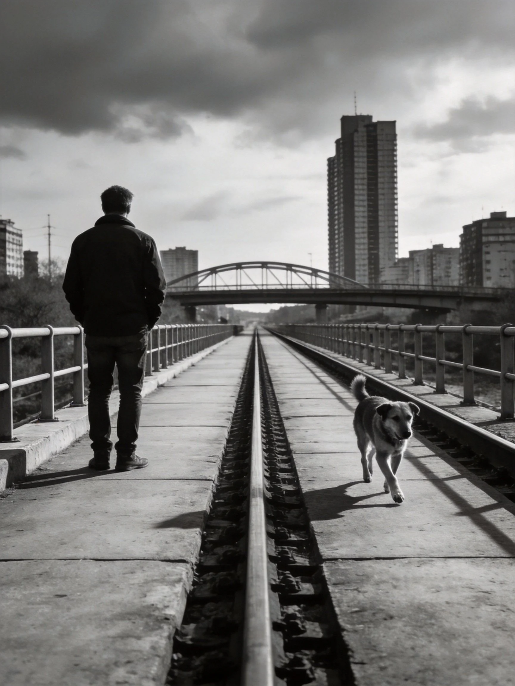 A man stands on a bridge over railroad tracks while a dog walks toward him amid an urban skyline.