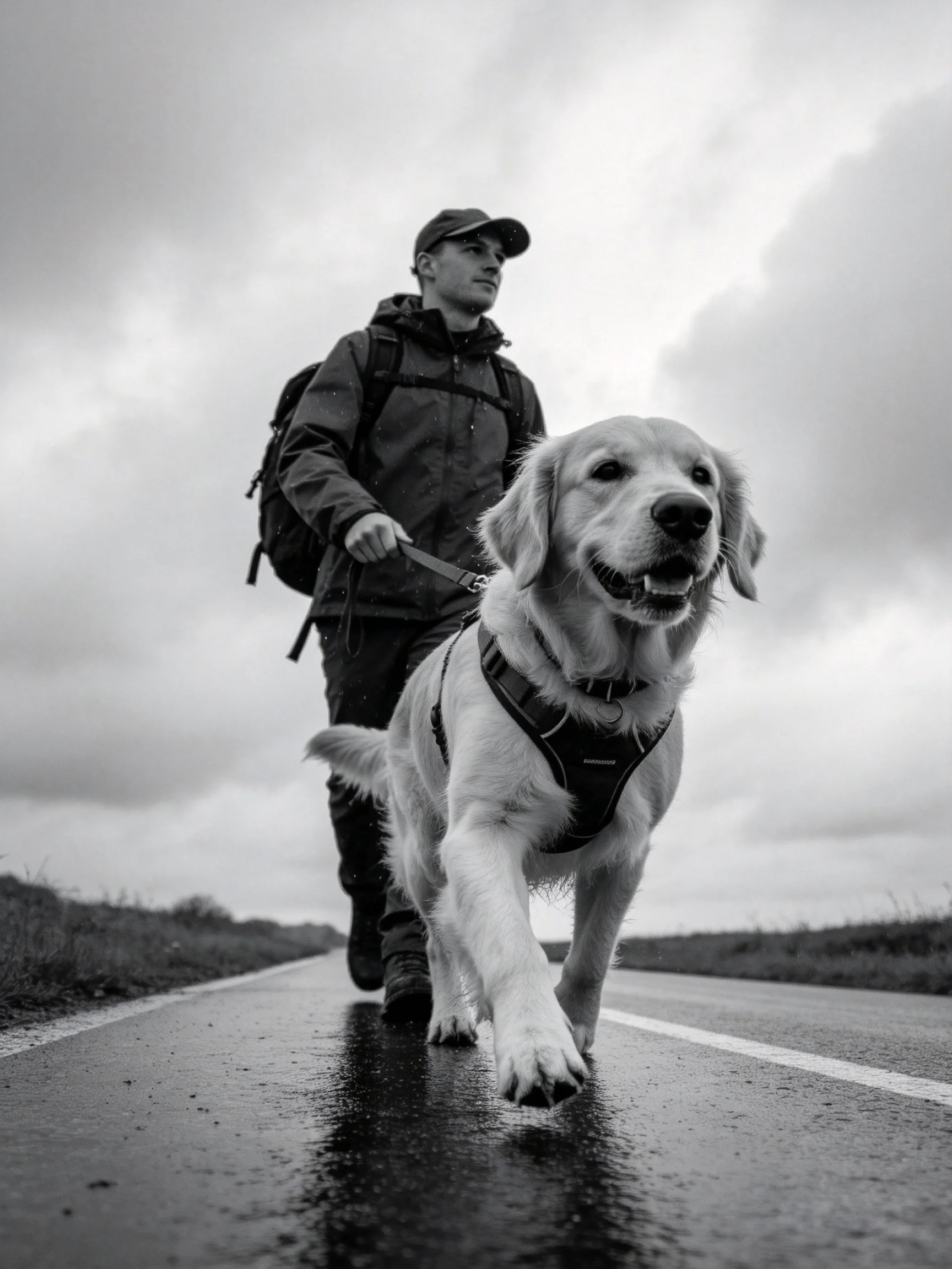 A man walks his golden retriever along a wet road beneath a cloudy sky.