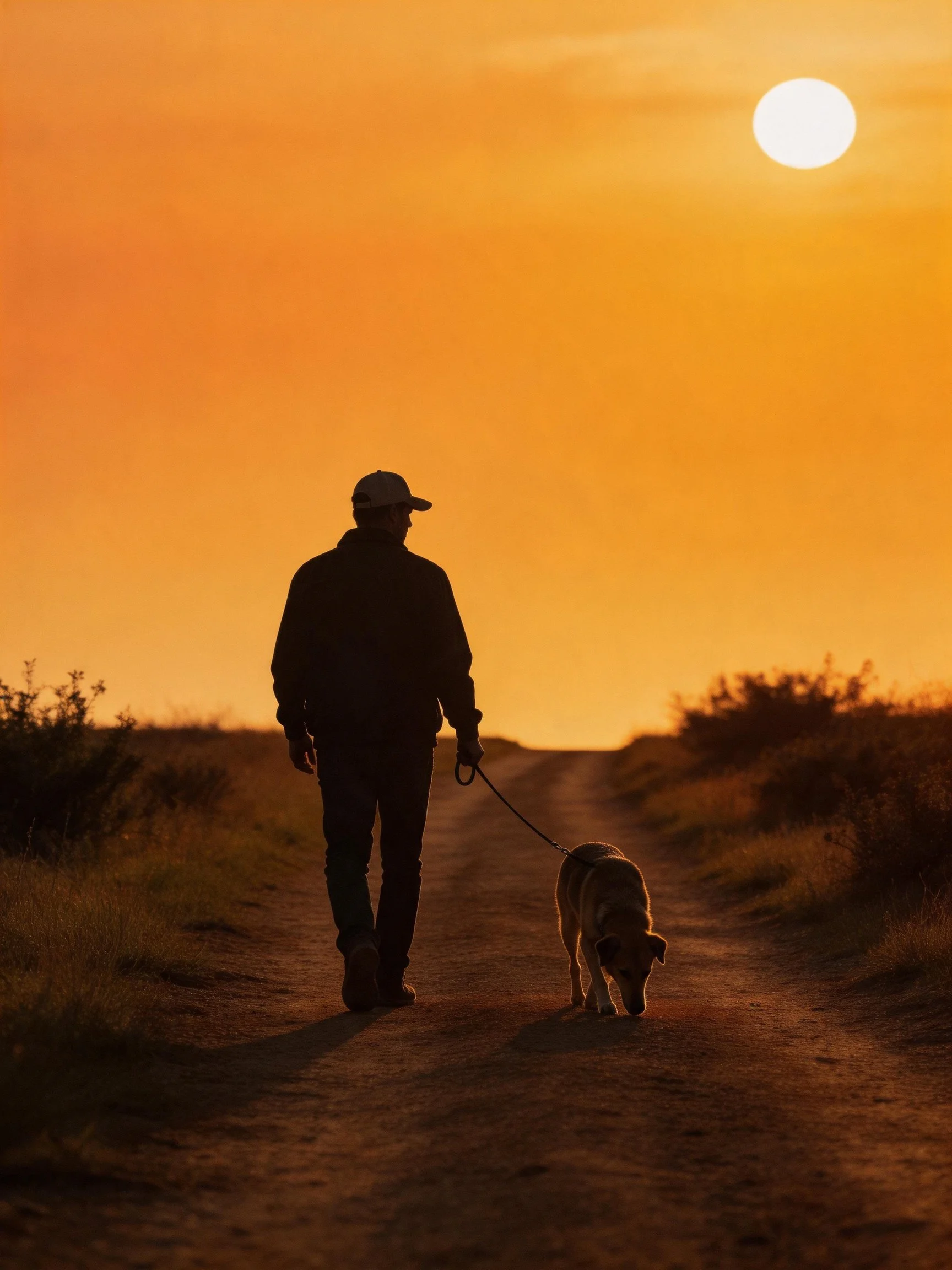 A man walks his dog on a dirt path as the sun sets.