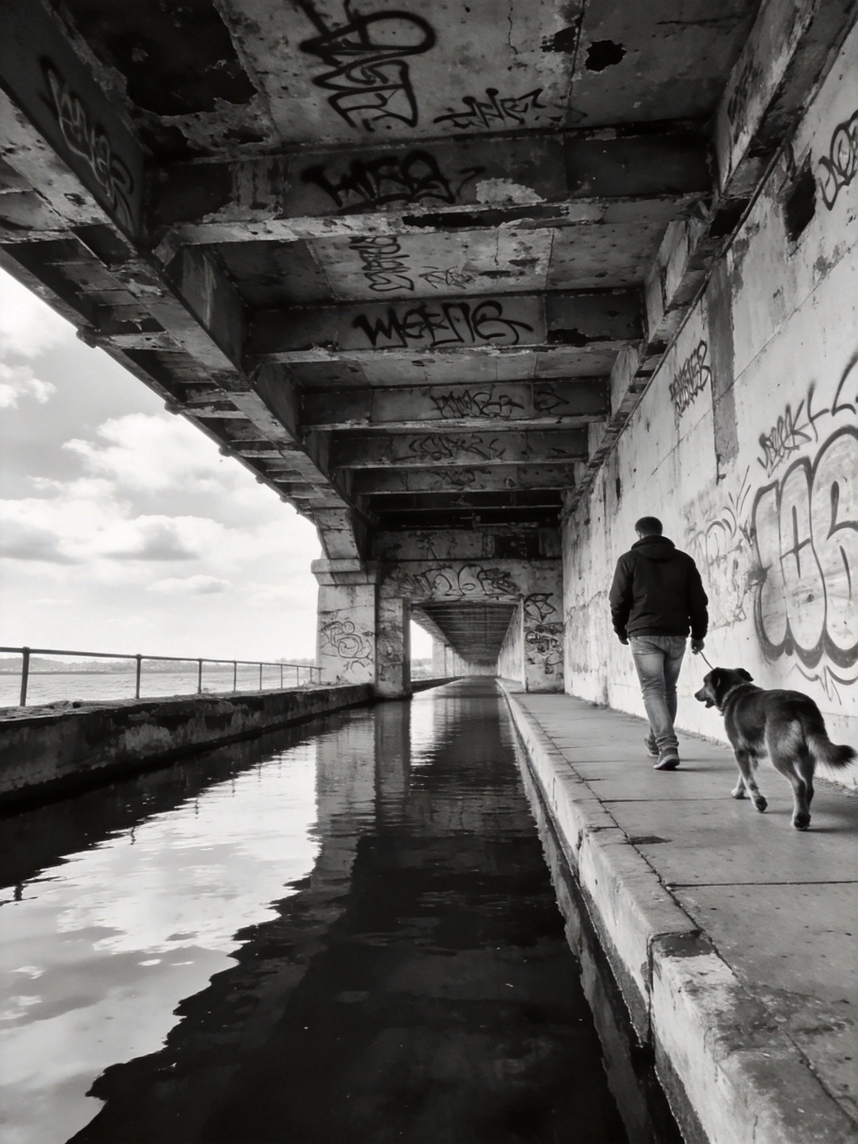 A man walks his dog beneath a graffiti-adorned bridge spanning tranquil water