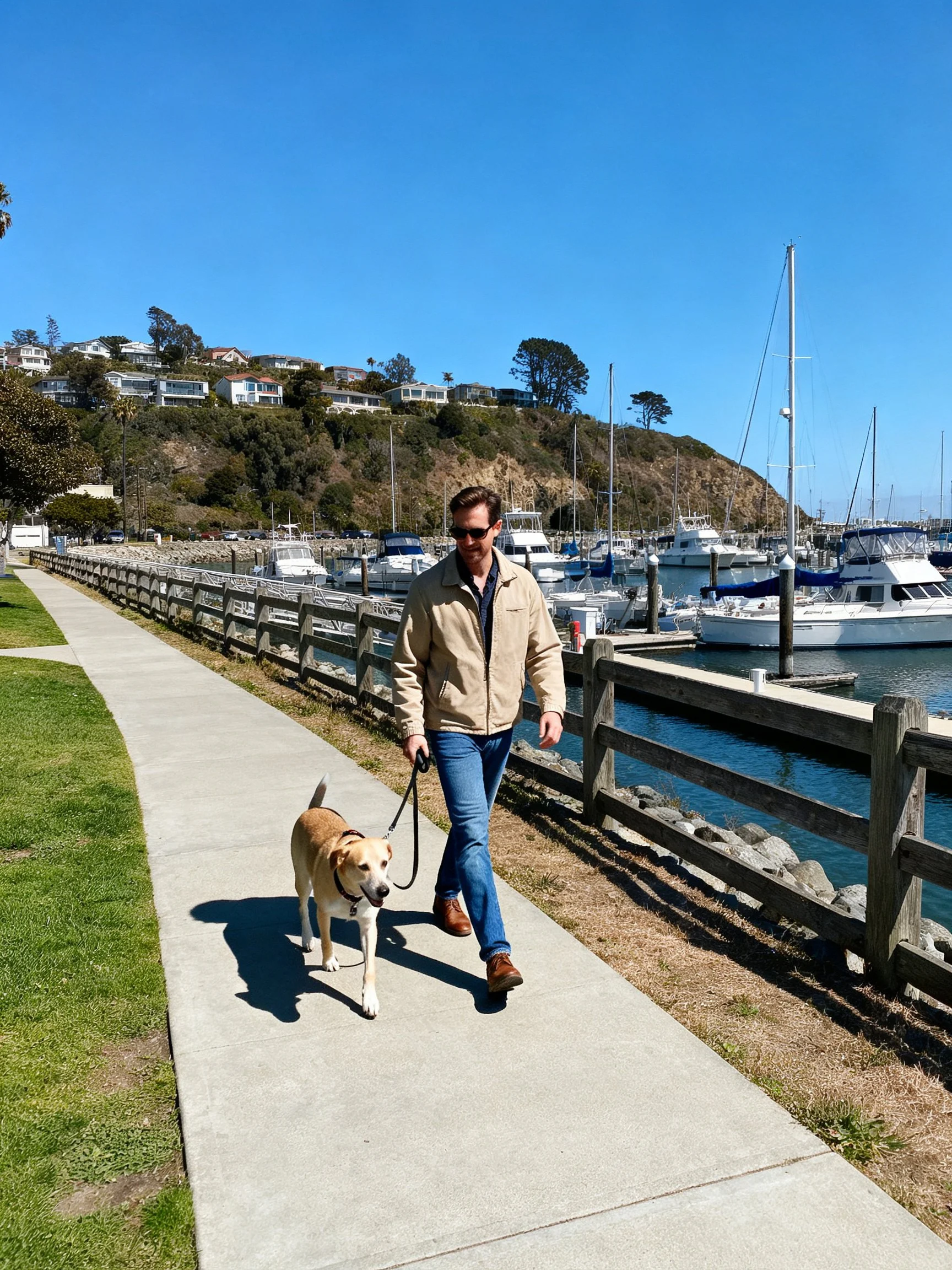 A man walks his dog beside a marina with docked boats and coastal homes.