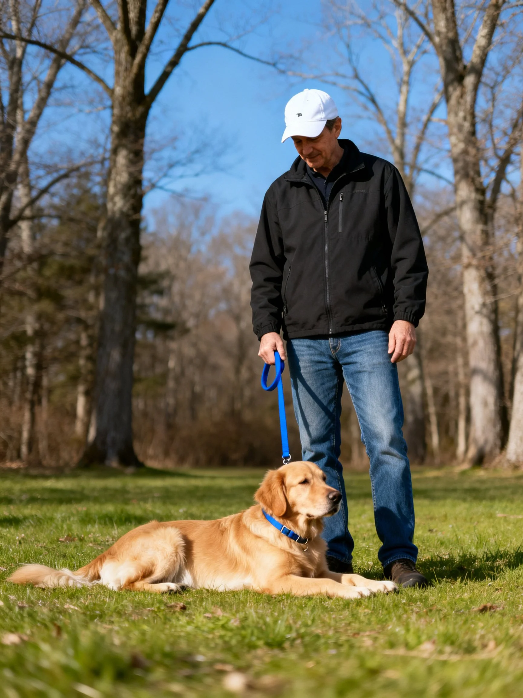 A man stands beside his golden retriever on a blue leash in a wooded outdoor setting.