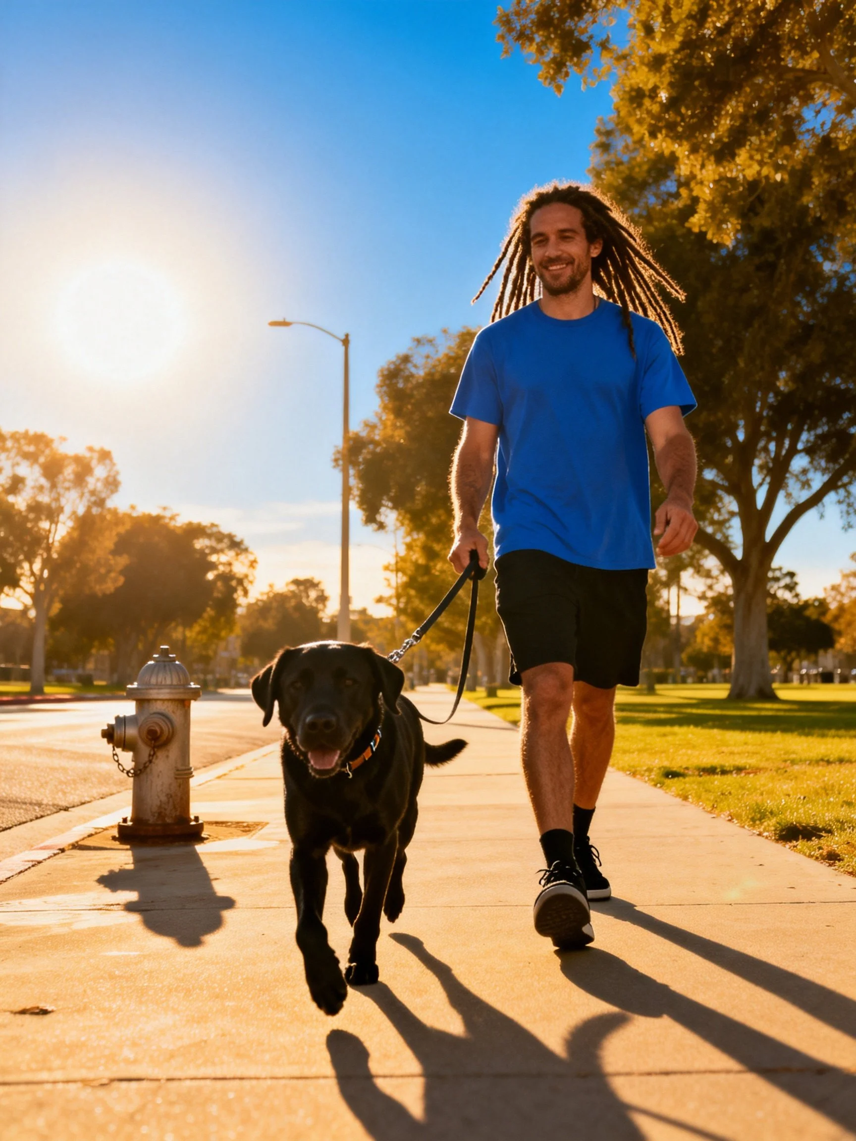 A man walks his black dog on a sunlit sidewalk near trees