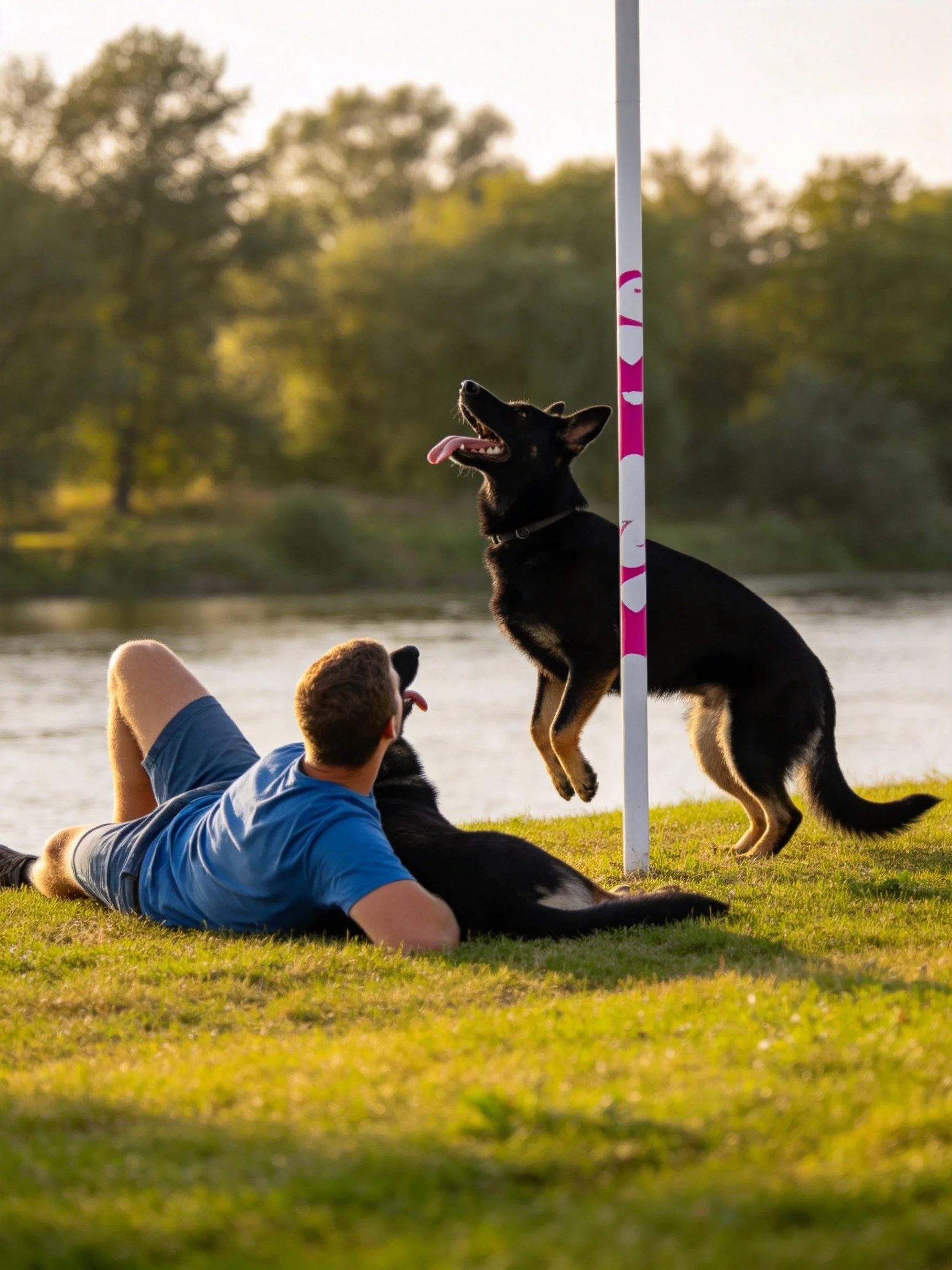 A man with two German Shepherds near a decorated pole by water