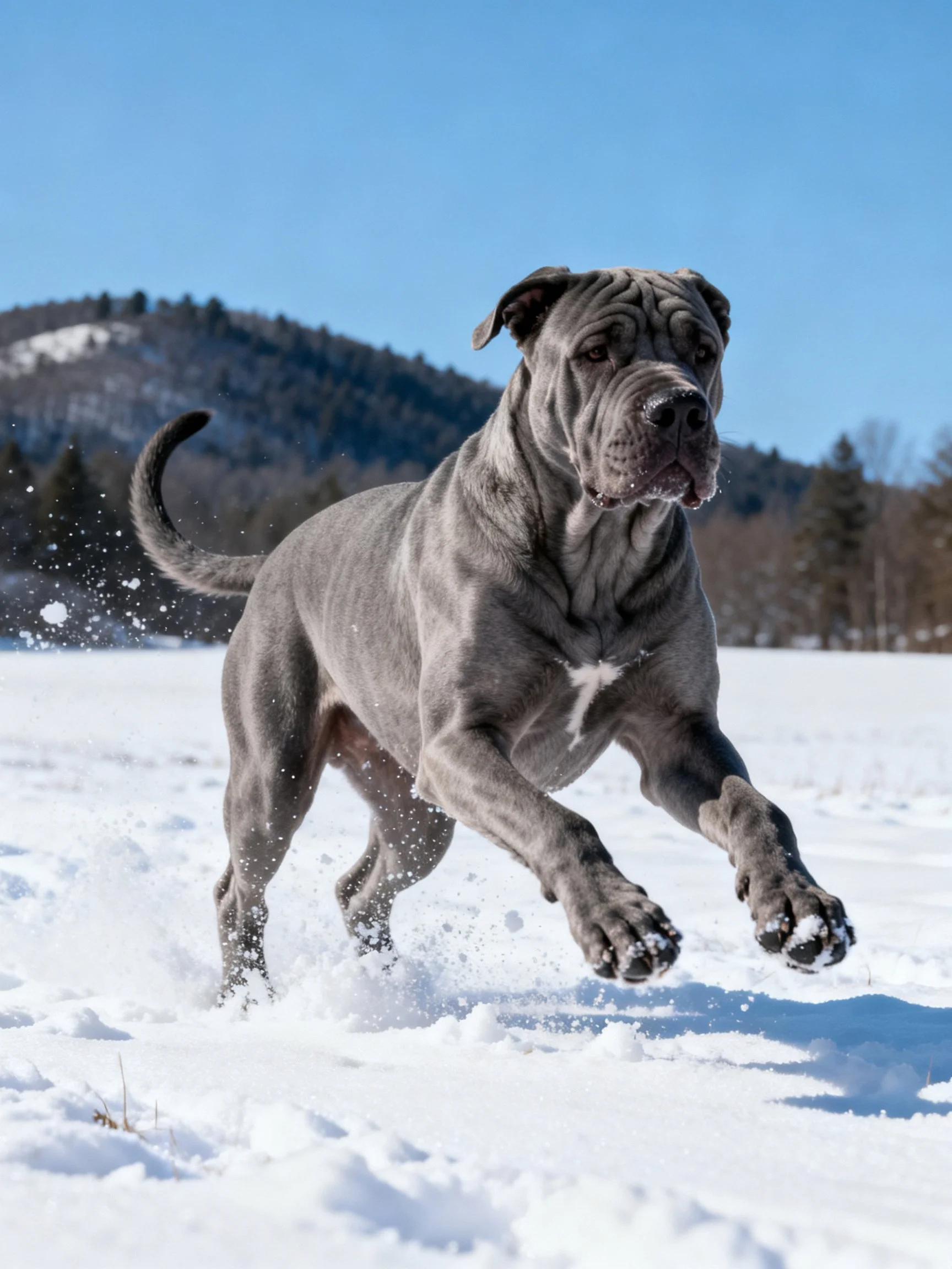 A massive gray dog sprinting through a snowy landscape