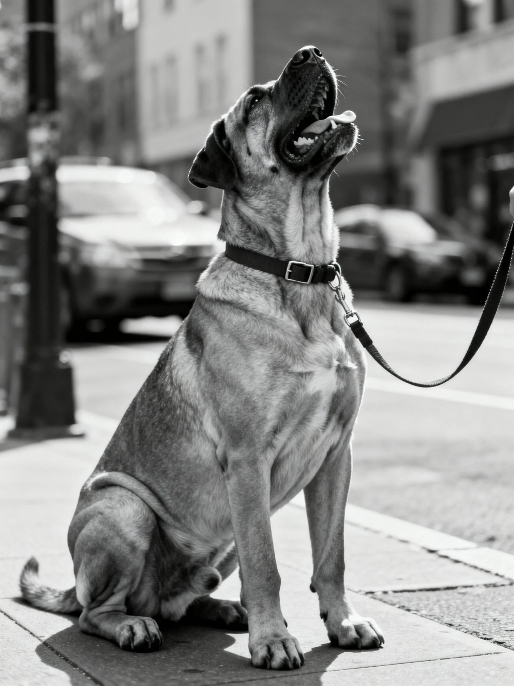 A medium-sized dog sits alertly on a city sidewalk in black and white