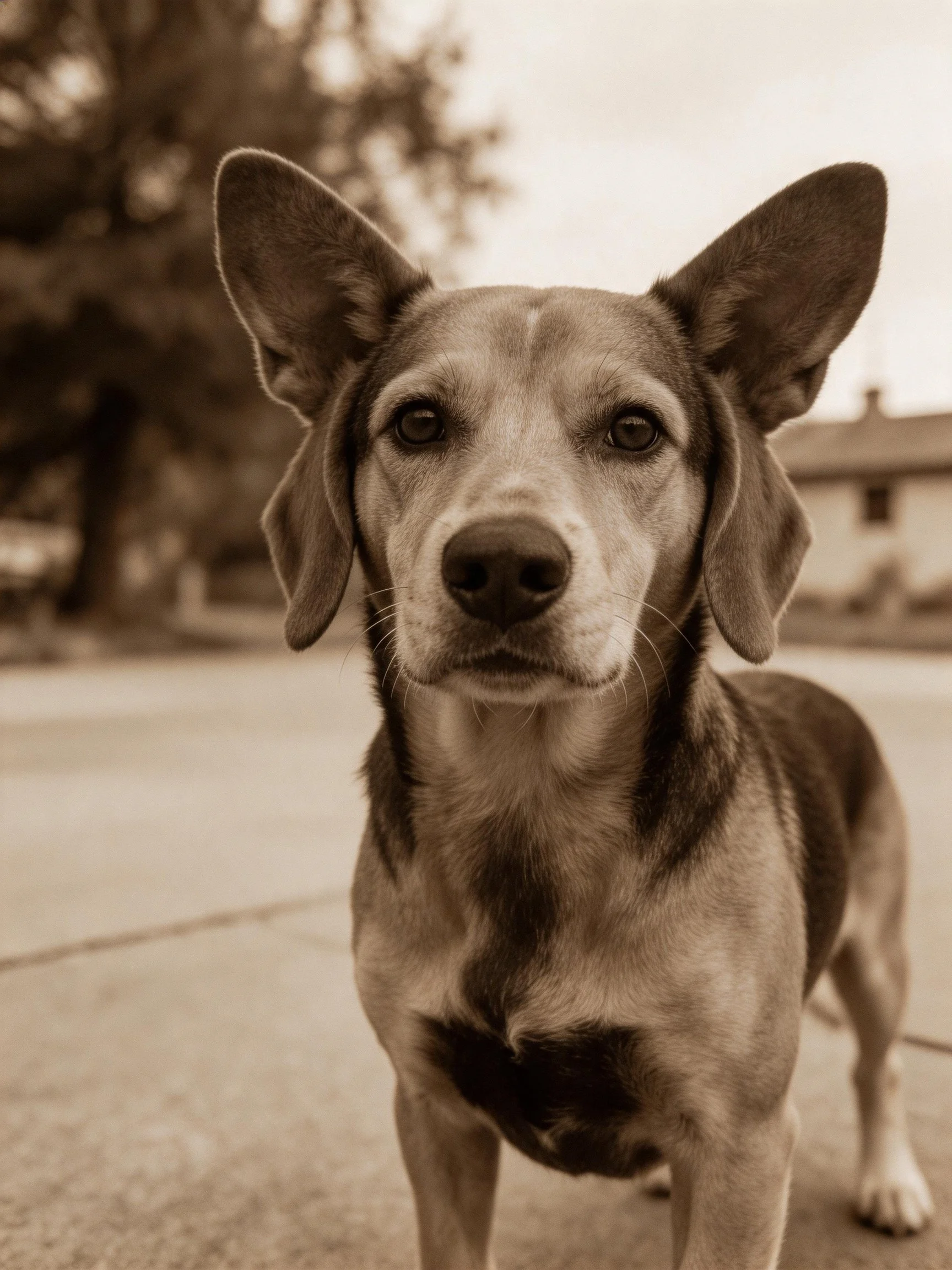 A mixed-breed dog with large ears in sepia photography