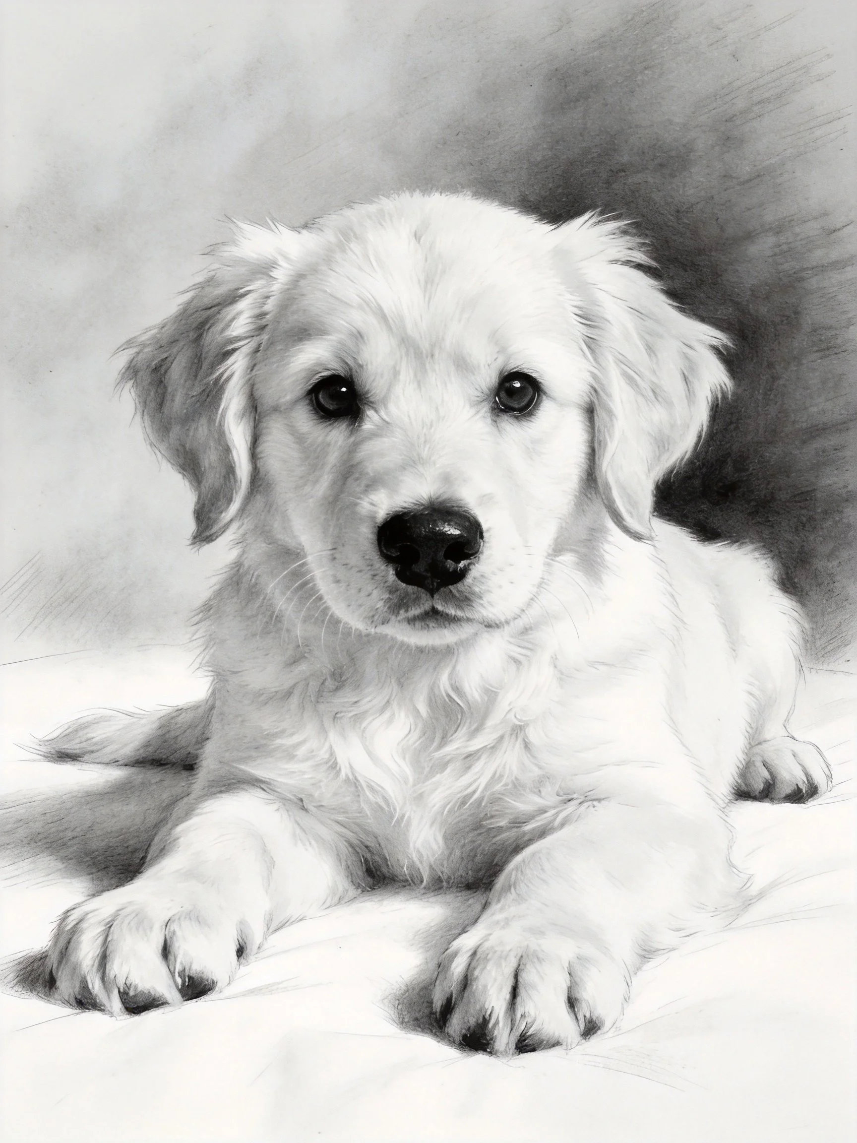 A monochrome pencil sketch depicts a fluffy golden retriever puppy.