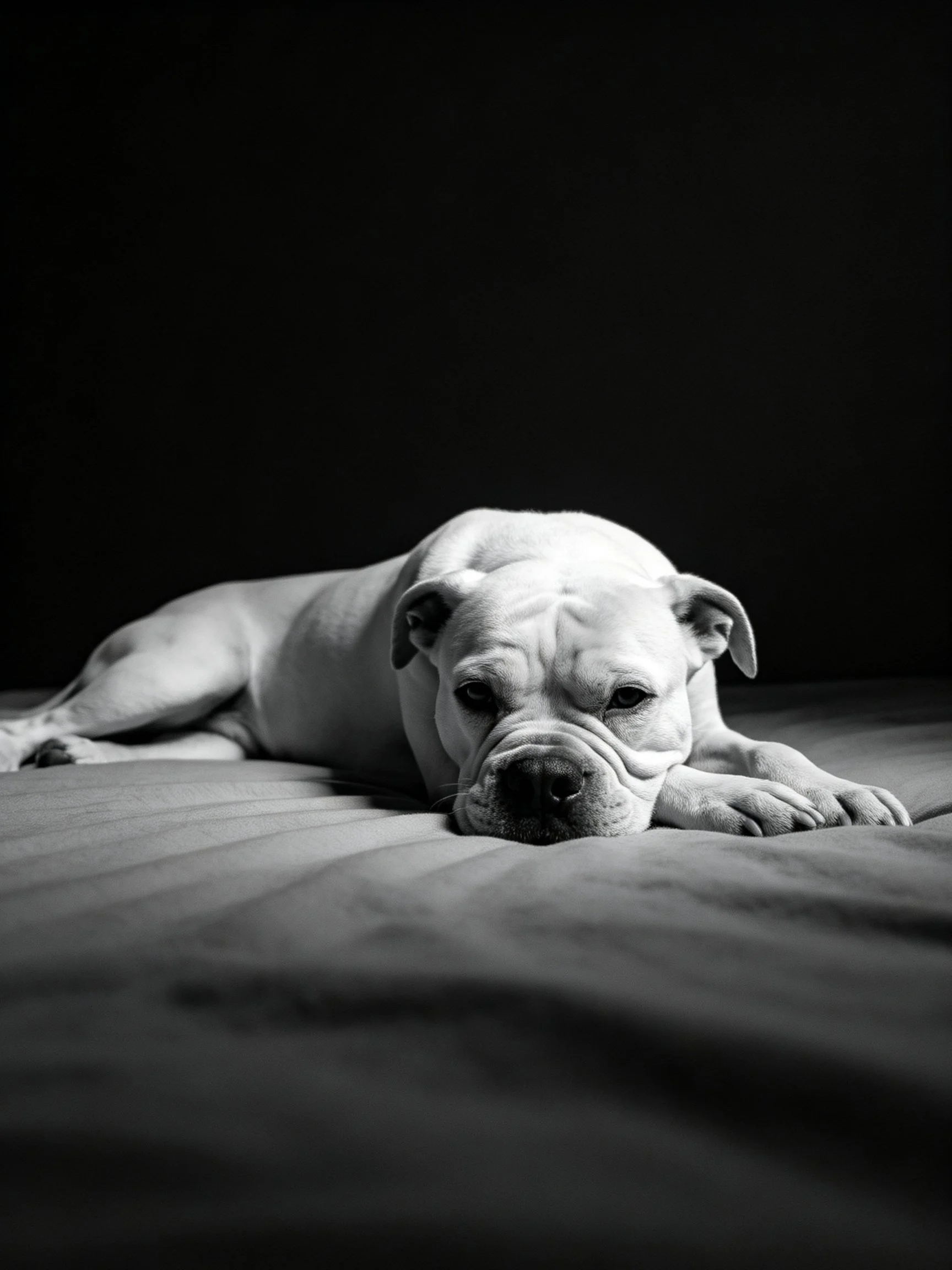 A moody black and white portrait shows a resting bulldog.