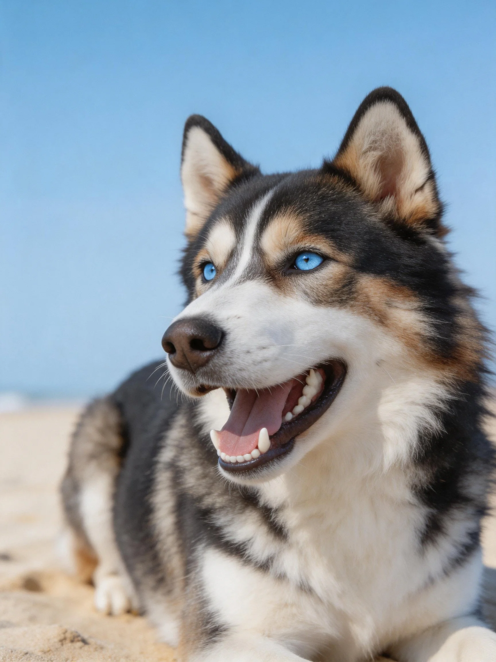 A multi-colored Siberian Husky with blue eyes relaxes on sand near a clear blue sky.