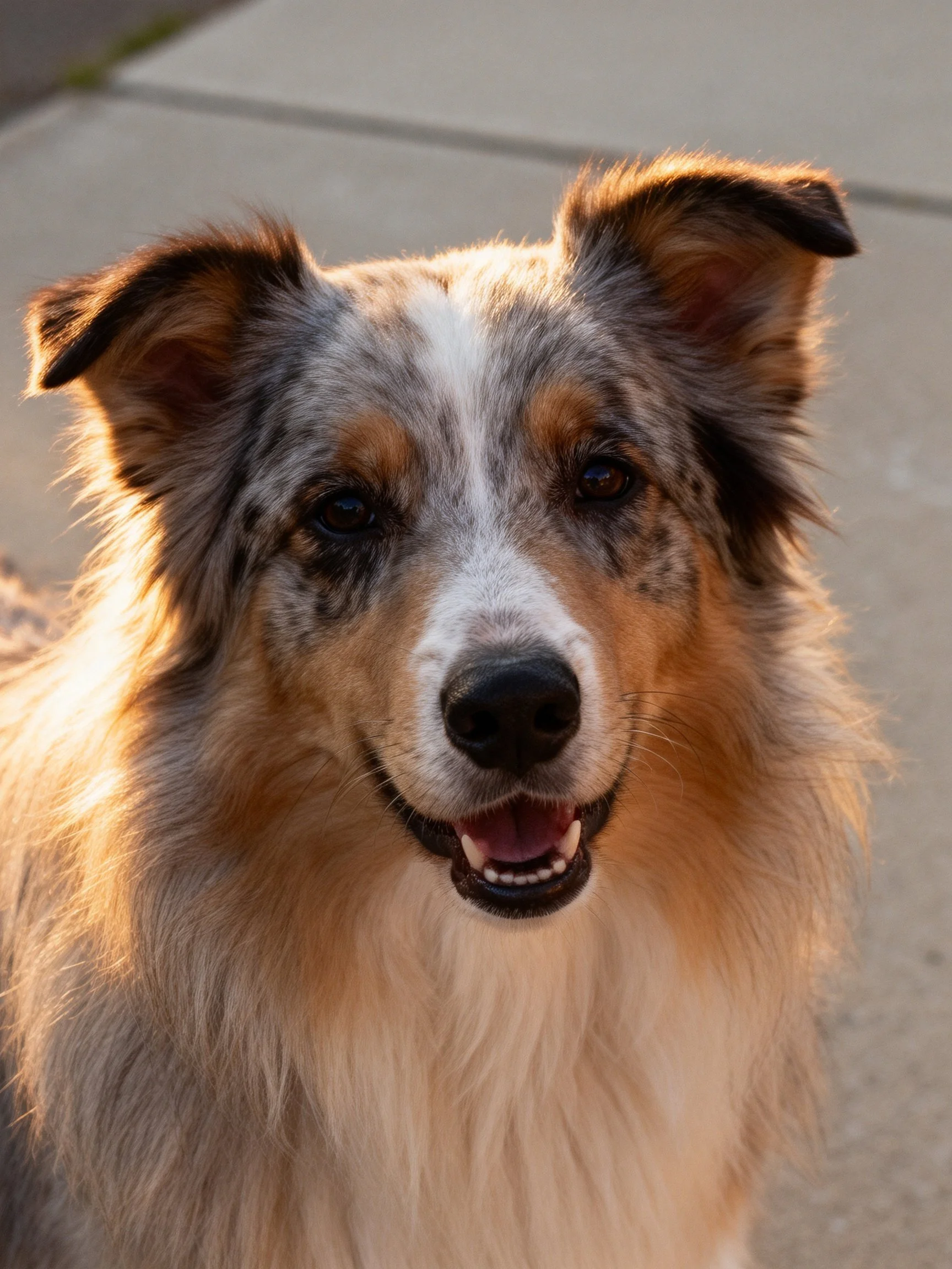 A multicolored Australian Shepherd with fluffy fur and warm lighting