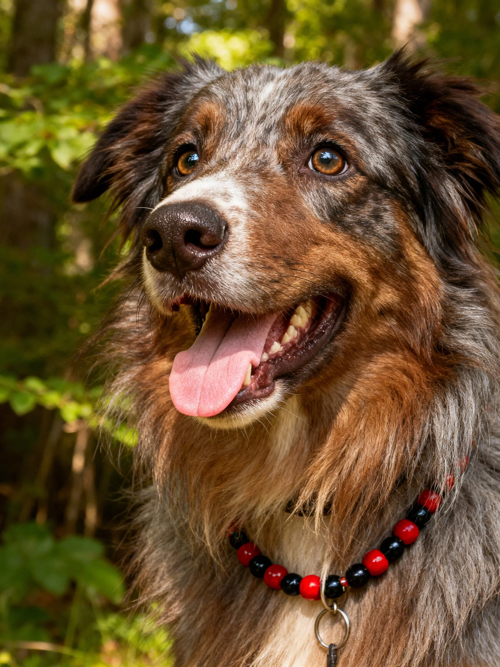 A multicolored dog with a beaded collar in a forest setting