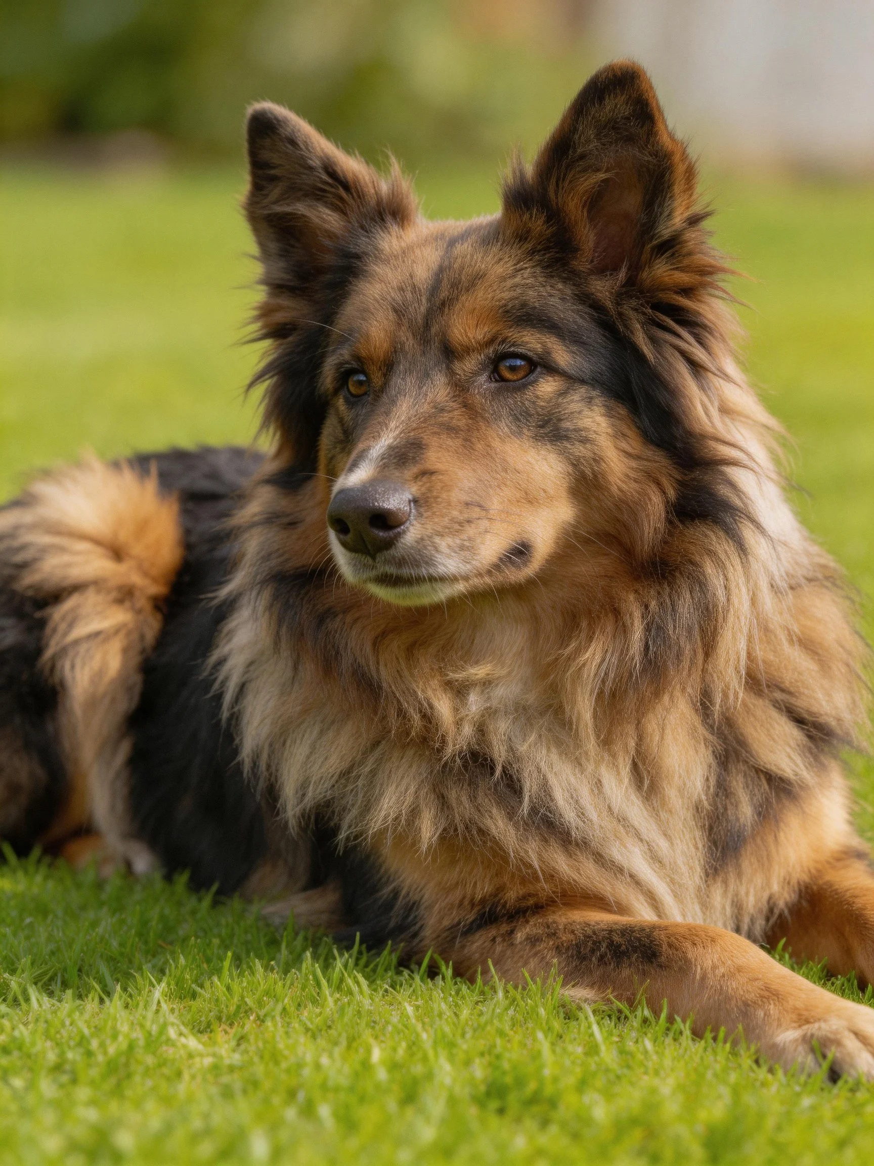 A multicolored long-haired dog rests on lush green grass