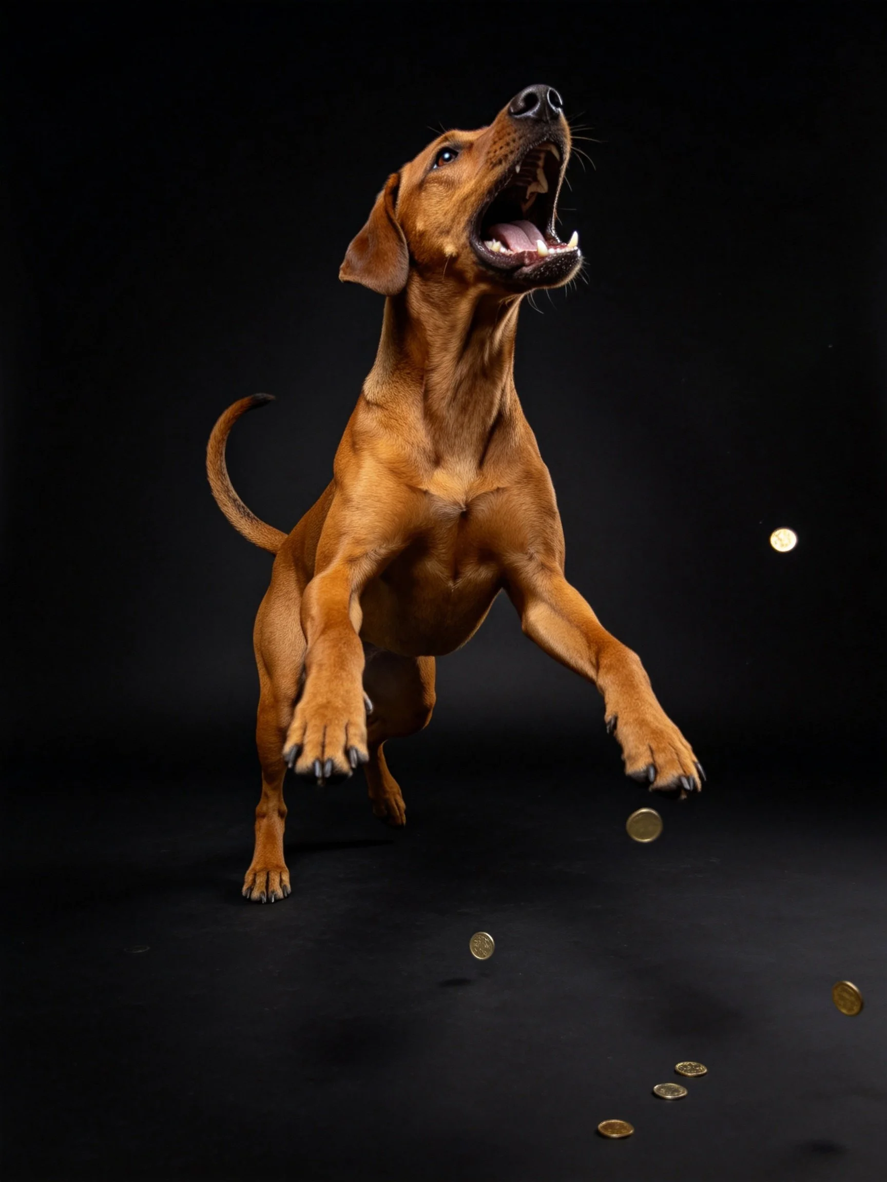 A muscular brown dog leaps toward scattered gold coins against a black backdrop