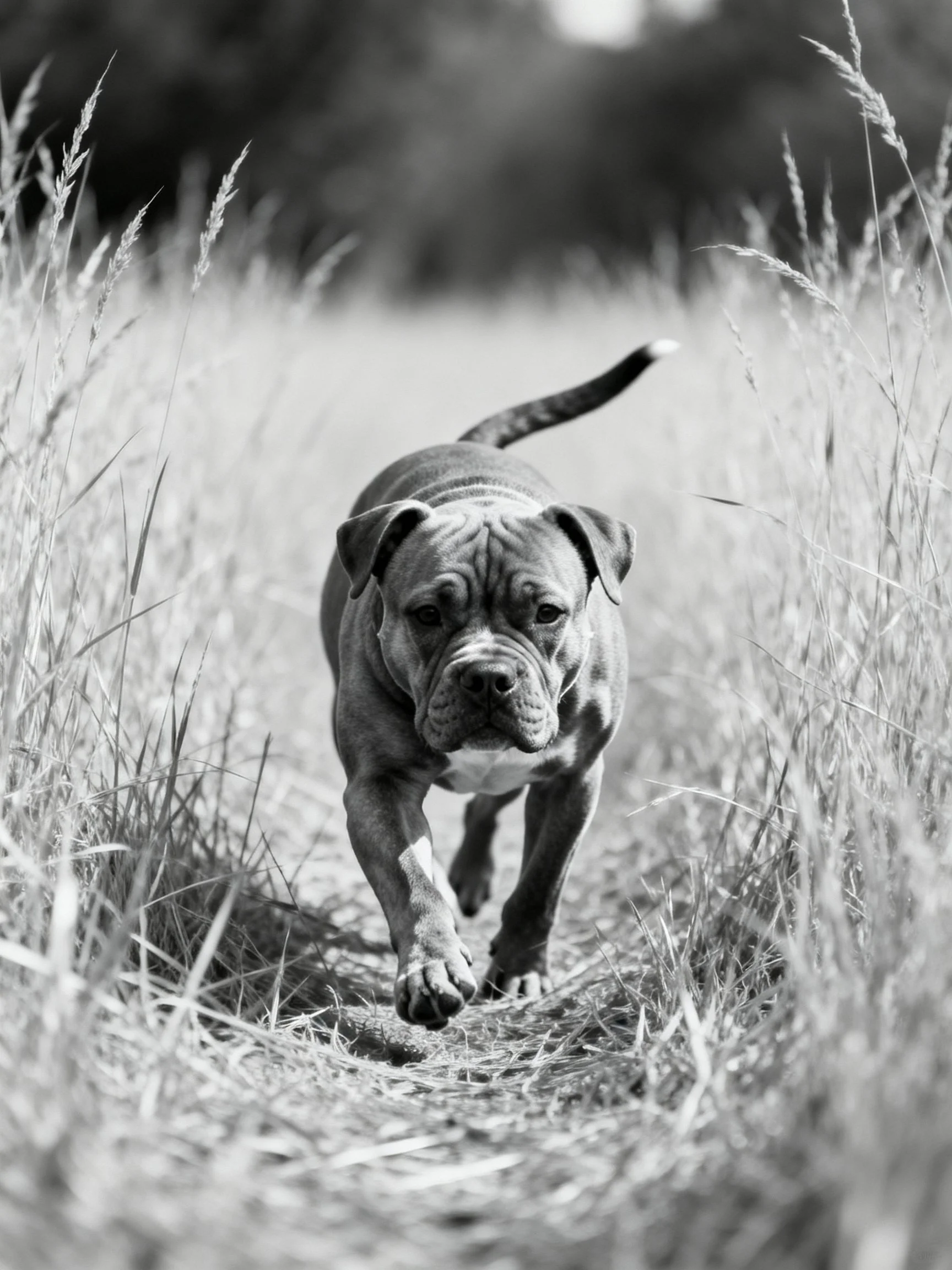 A muscular dog runs through tall, blurred grass in monochrome