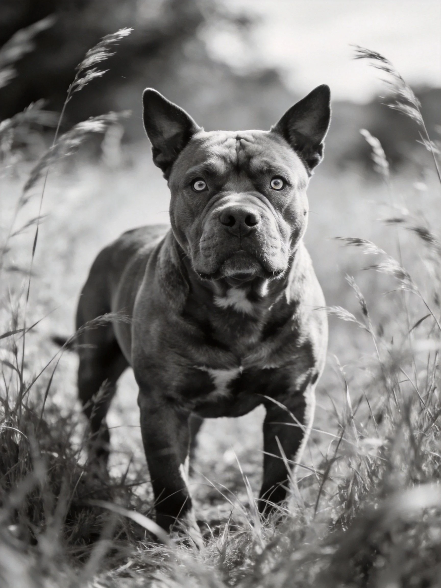 A muscular dog stands alert among tall grass in monochrome