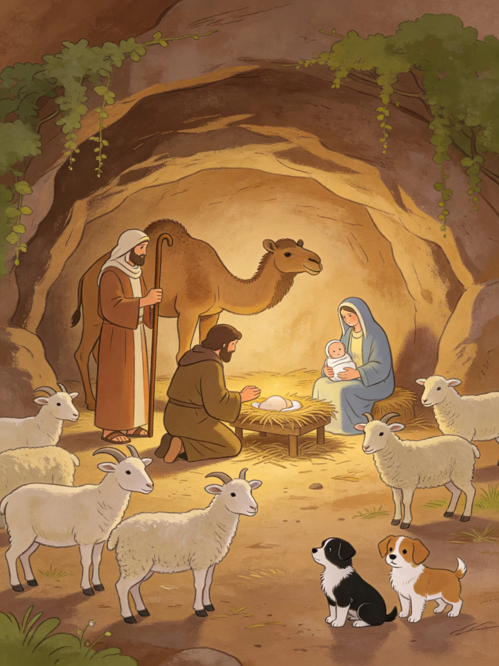 A nativity scene is depicted in a rocky cave with figures, animals, and warm lighting.
