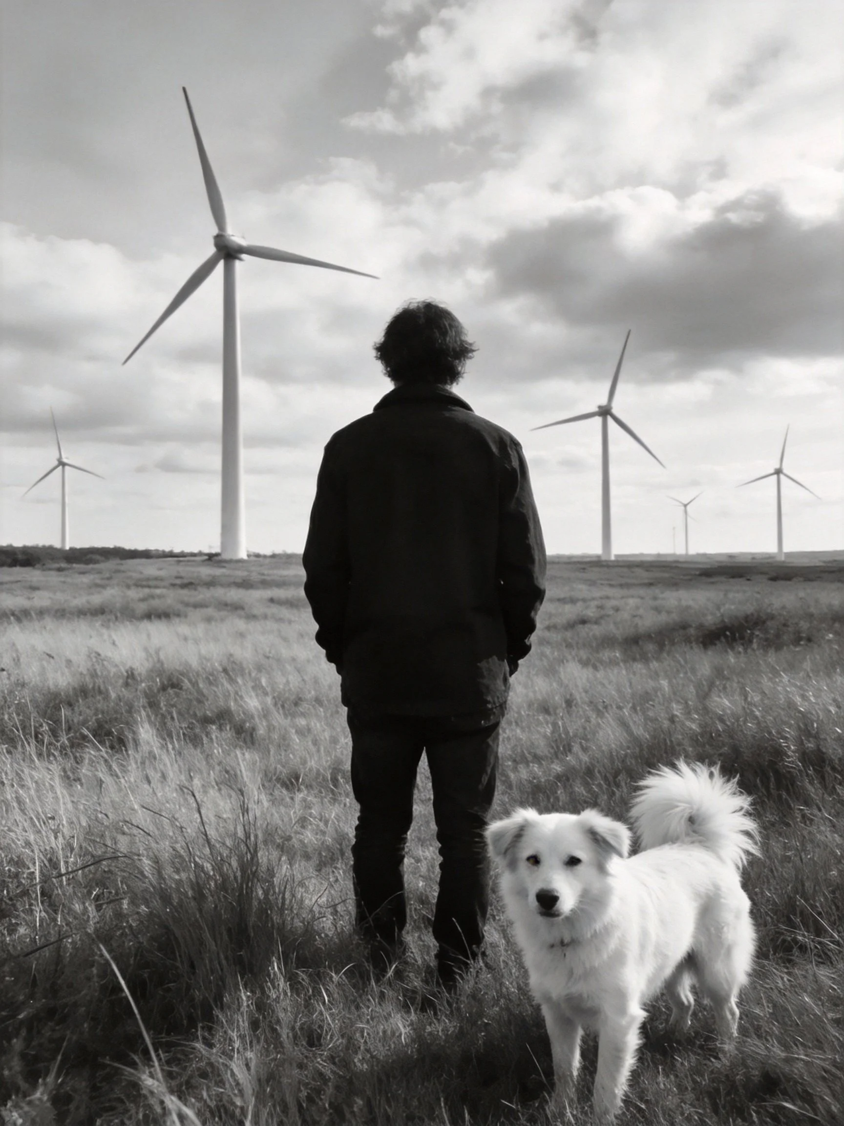 A person stands with a dog before wind turbines in an open area.