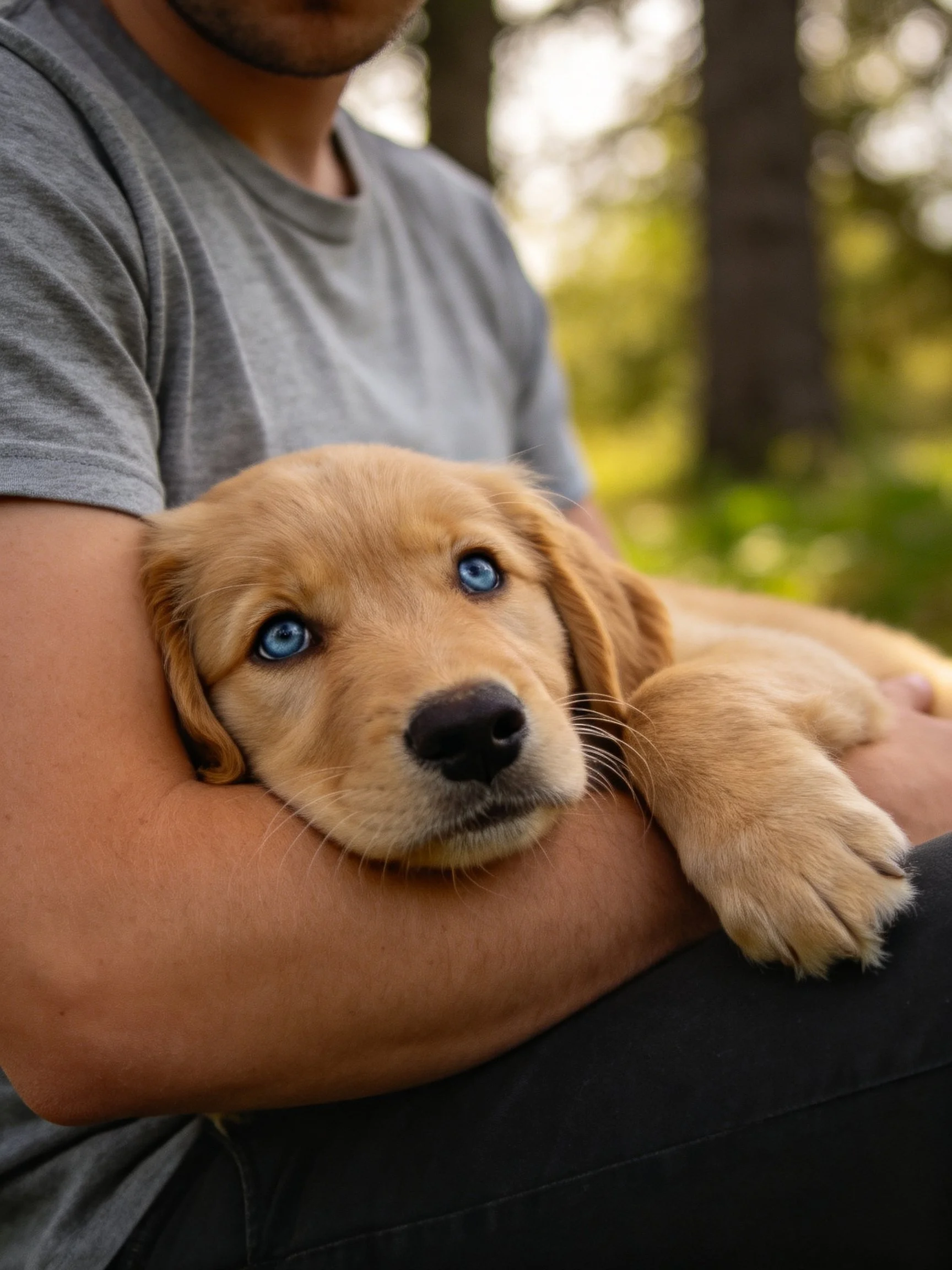 A person gently holds a golden retriever puppy with blue eyes while sitting outdoors near trees.
