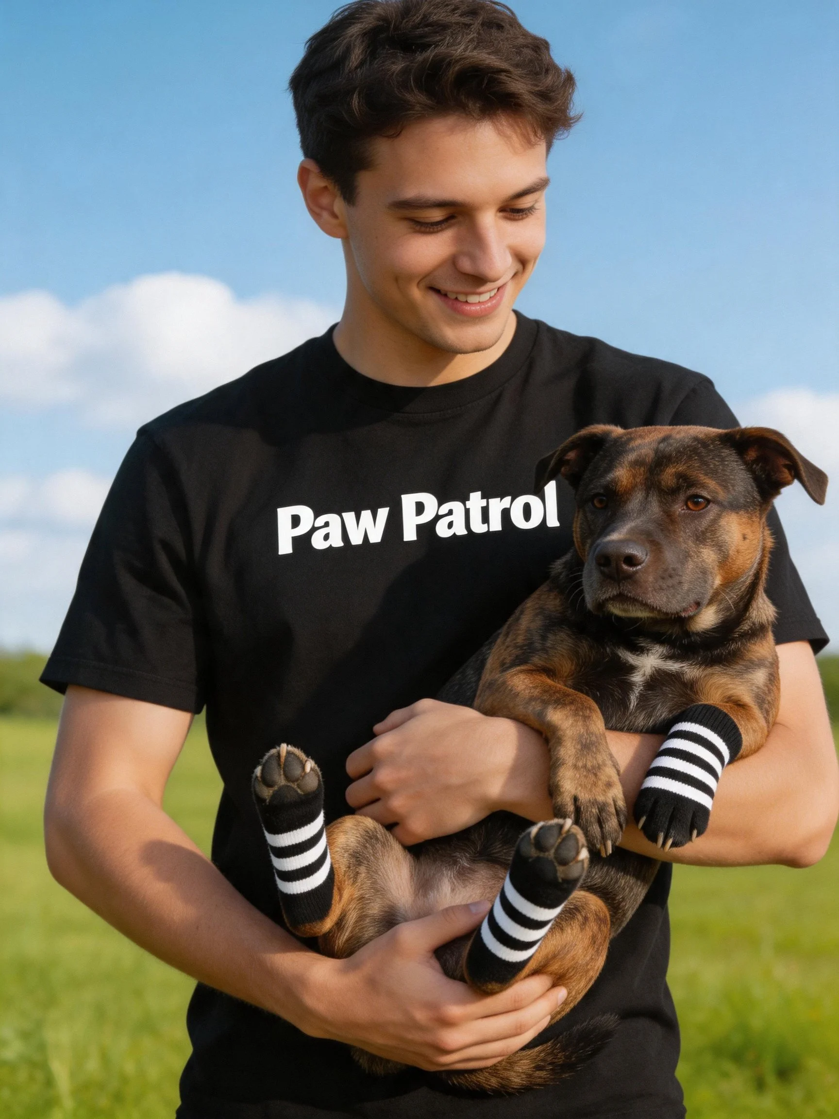 A person wearing a Paw Patrol shirt holds a dog with striped socks outdoors.