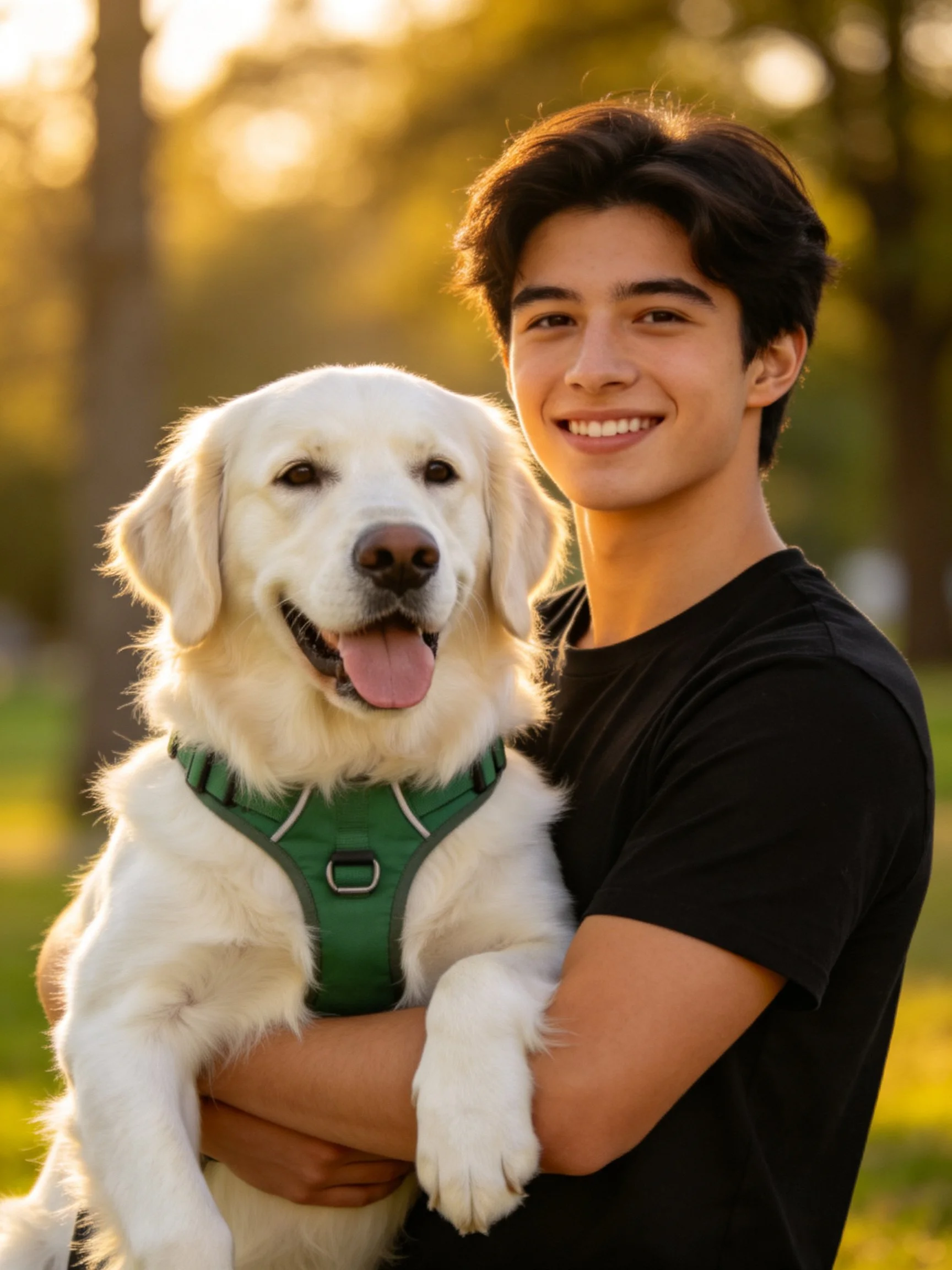A person holds a golden retriever wearing a green harness outdoors