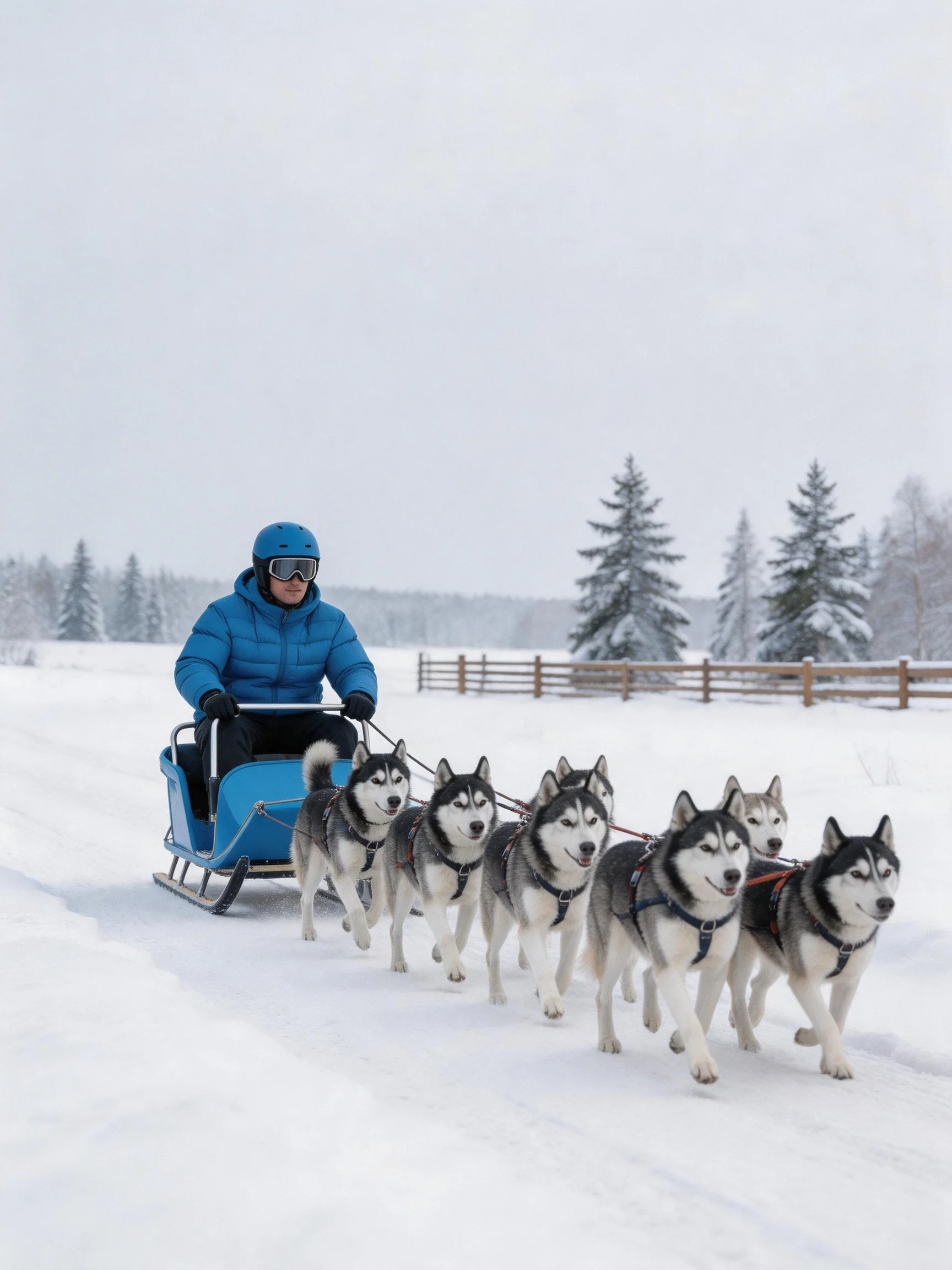 A person in a blue jacket rides a sled pulled by six huskies across a snowy field