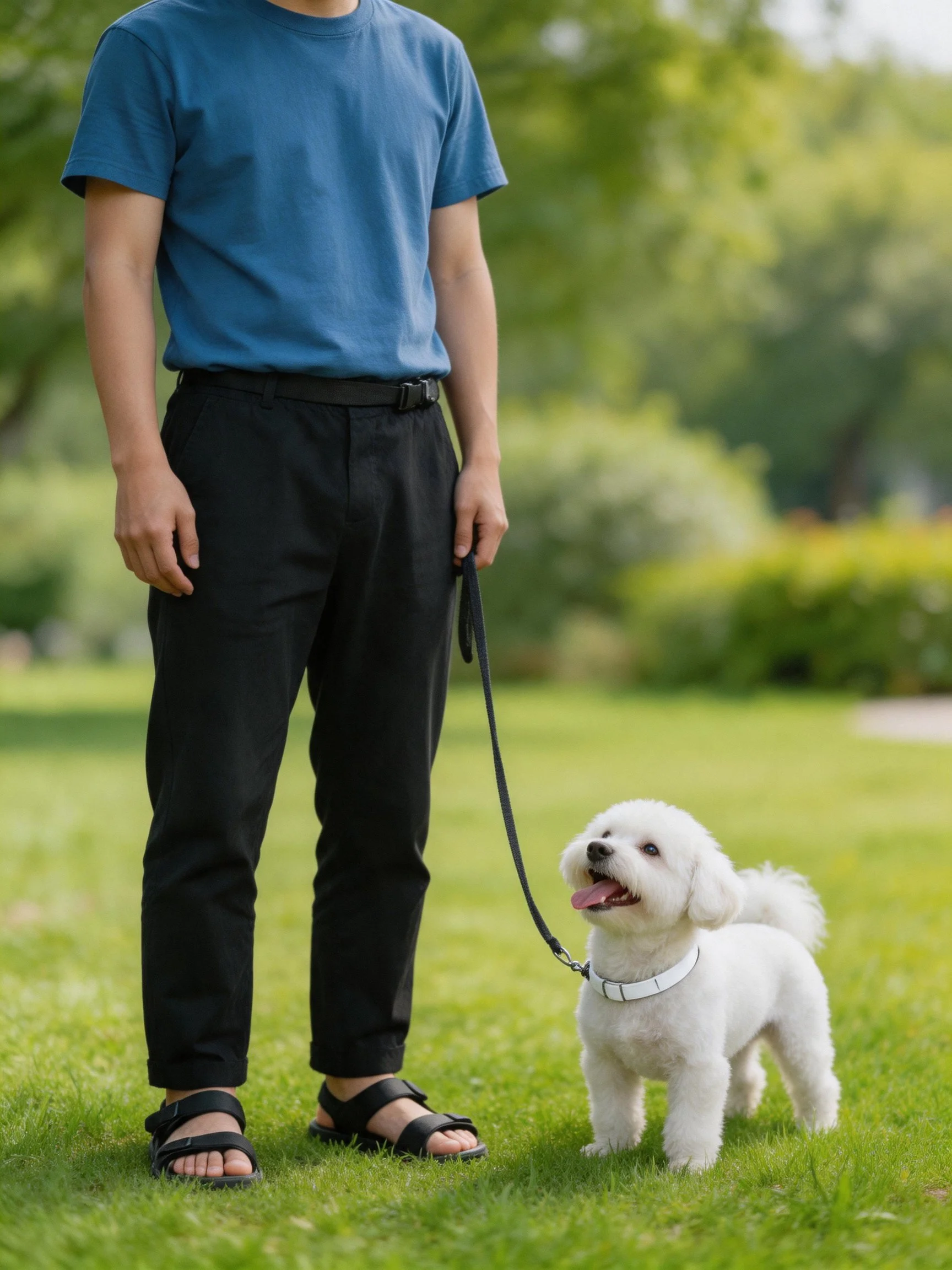 A person walks a small white dog in a grassy outdoor area.