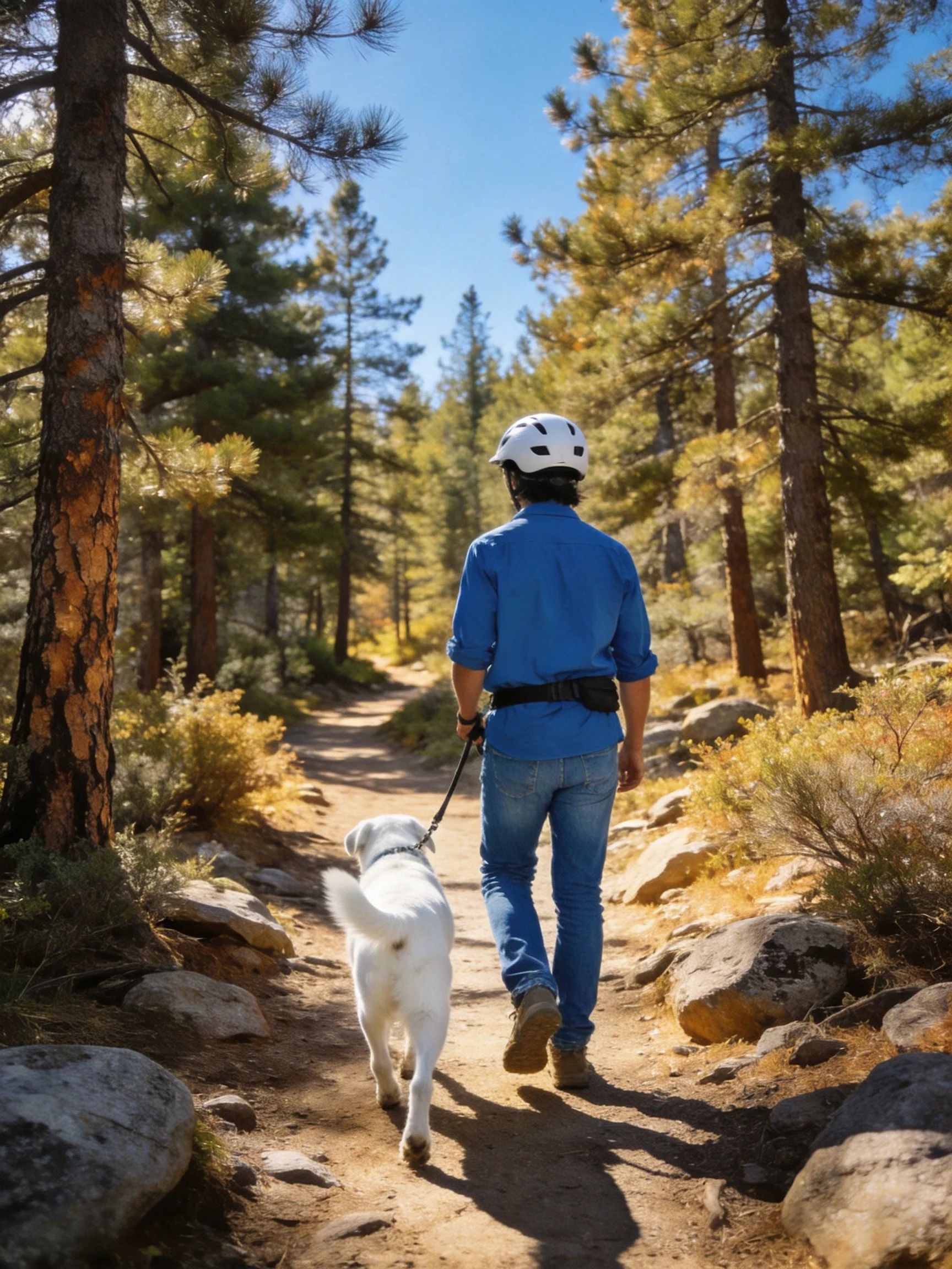 A person in a white helmet walks a white dog along a sun-dappled forest path.