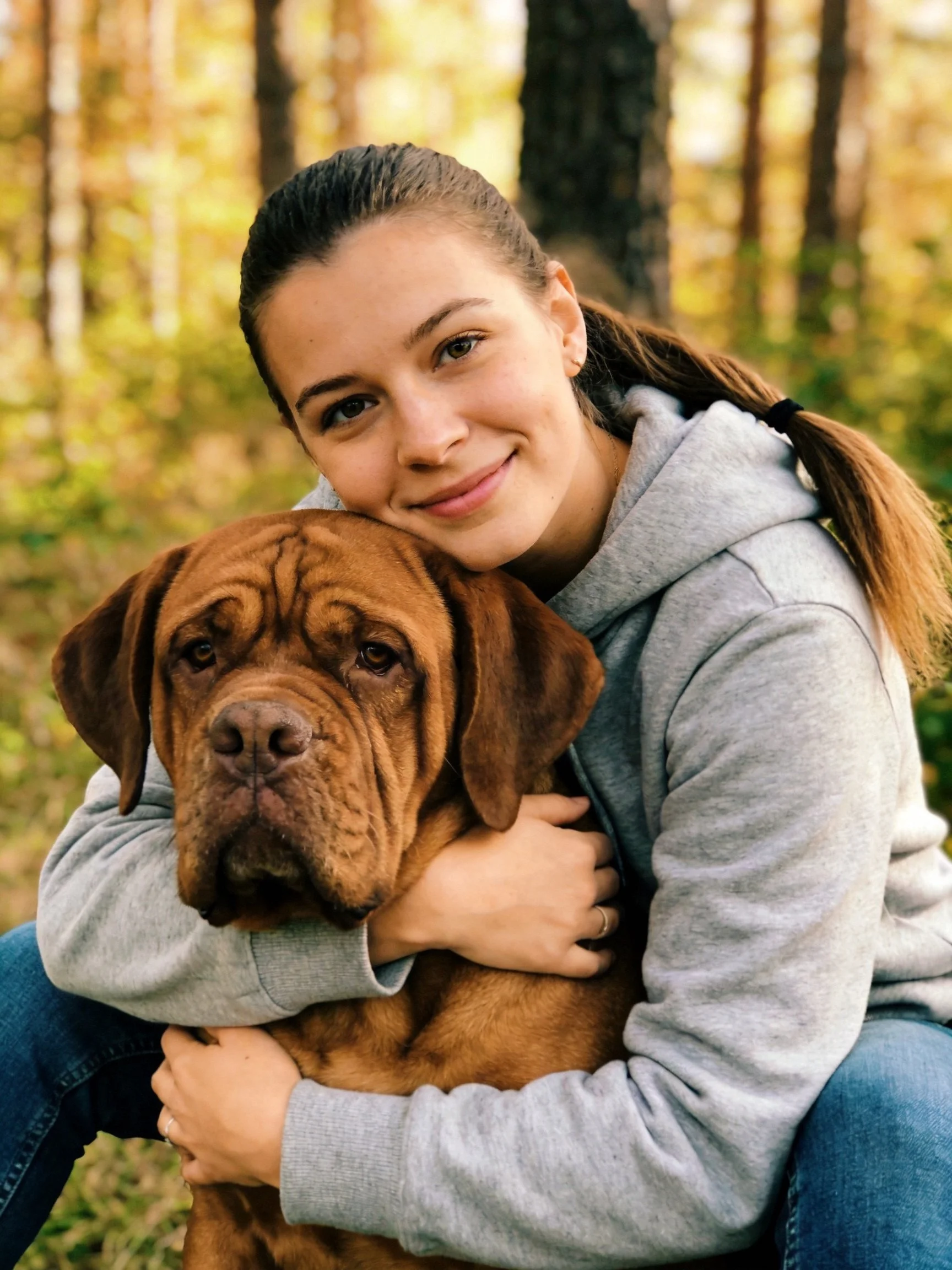 A person embraces a large brown dog in a wooded area
