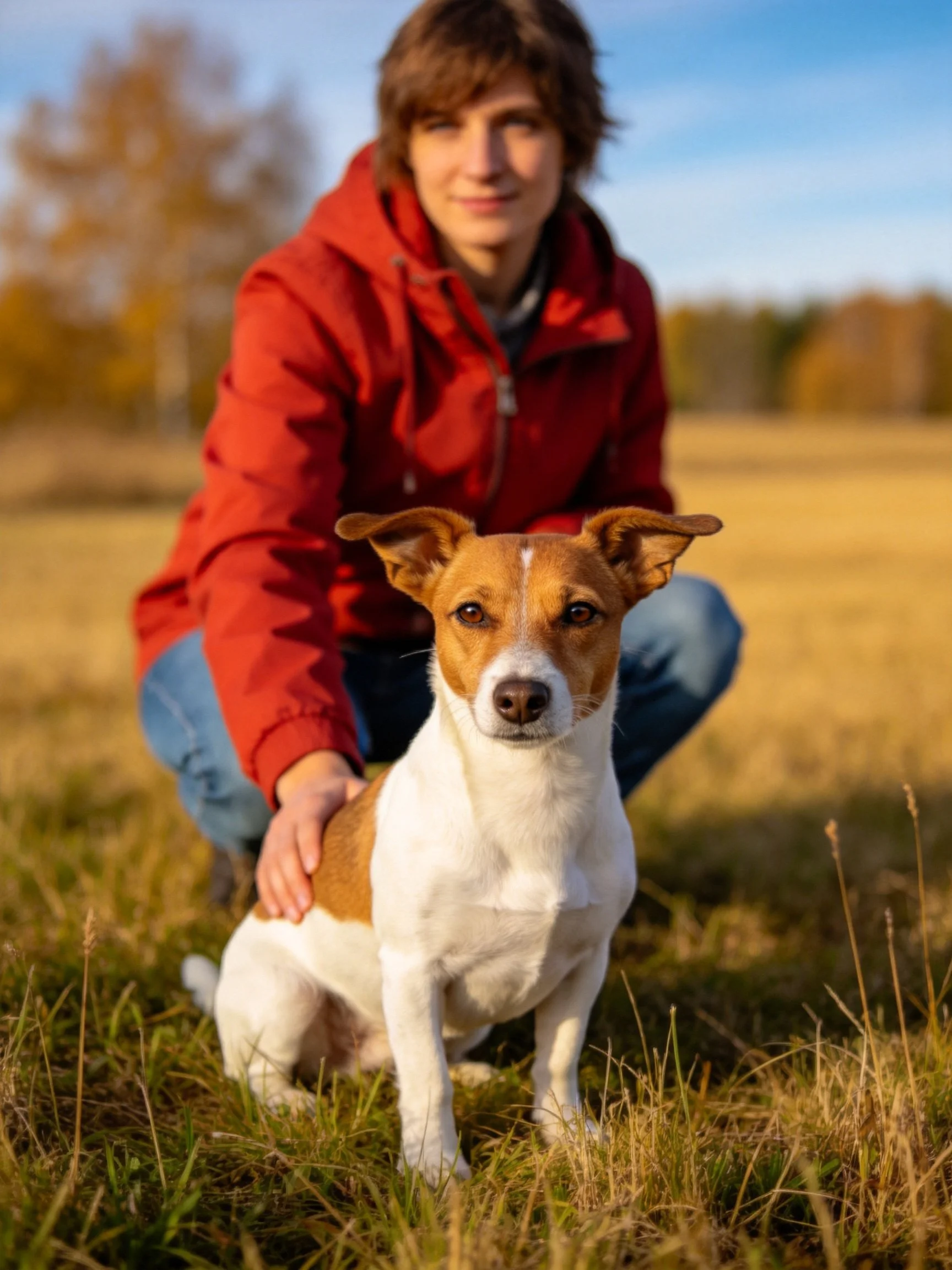 A person in a red jacket interacts with a brown-and-white dog in a sunny field.