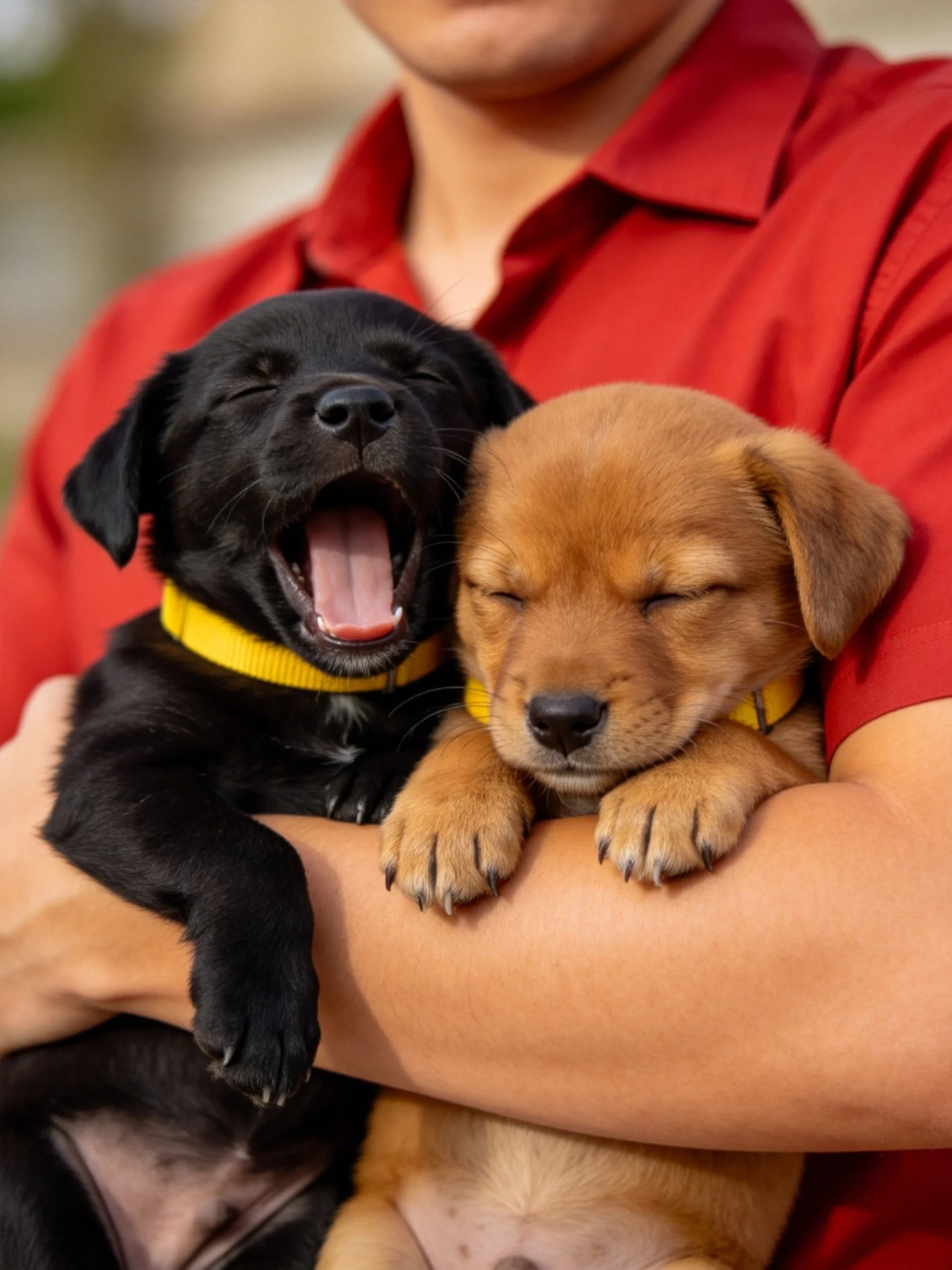 A person in a red shirt holds two puppies with yellow collars