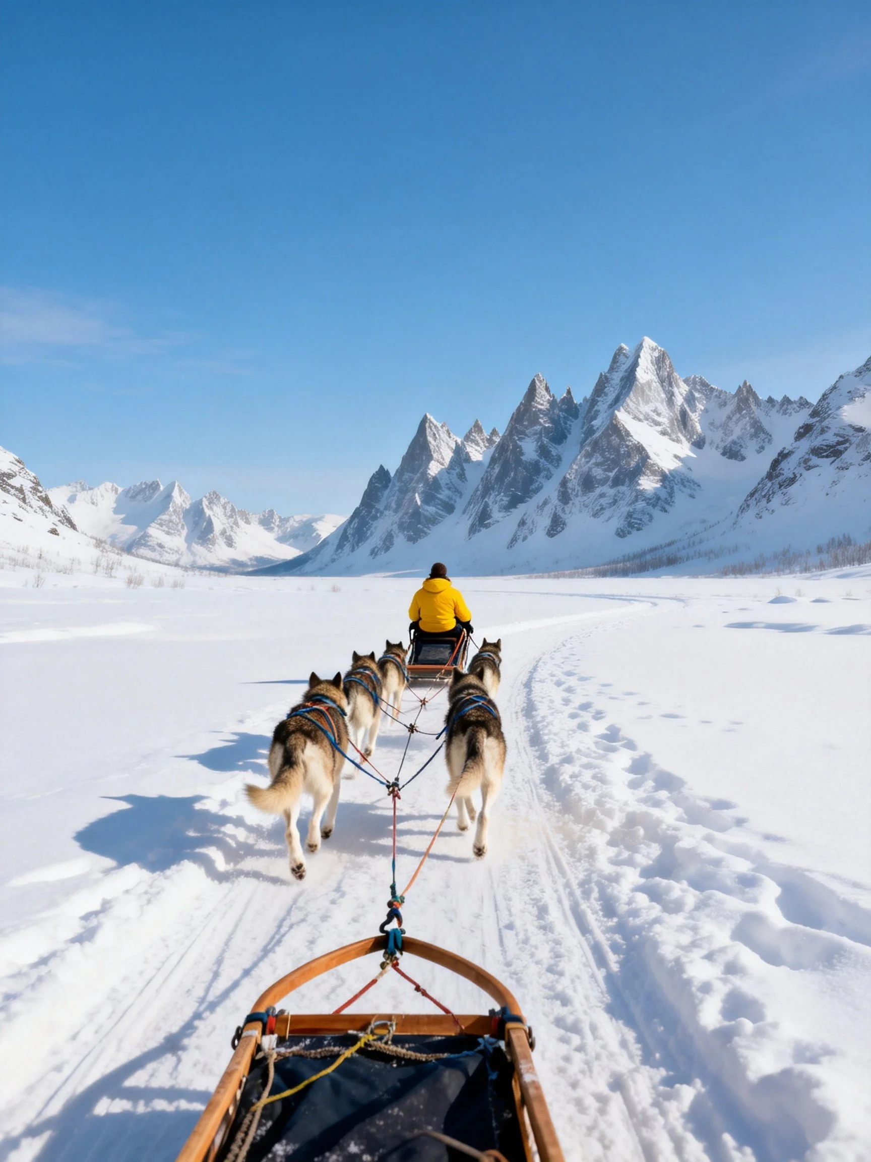 A person in a yellow jacket rides a dog - drawn sled through a snowy mountain valley
