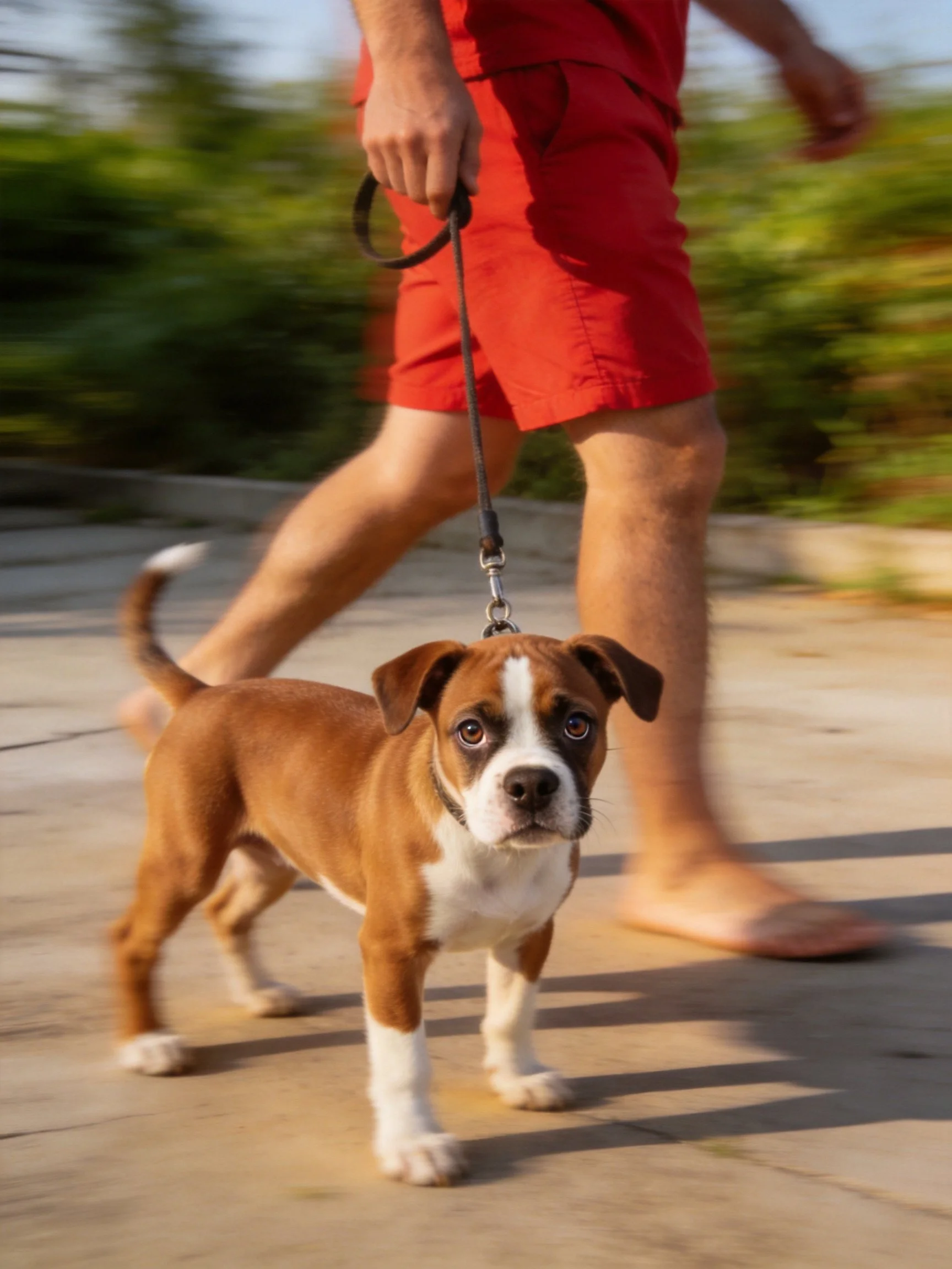 A person in red shorts walks a brown and white puppy on a leash outdoors.