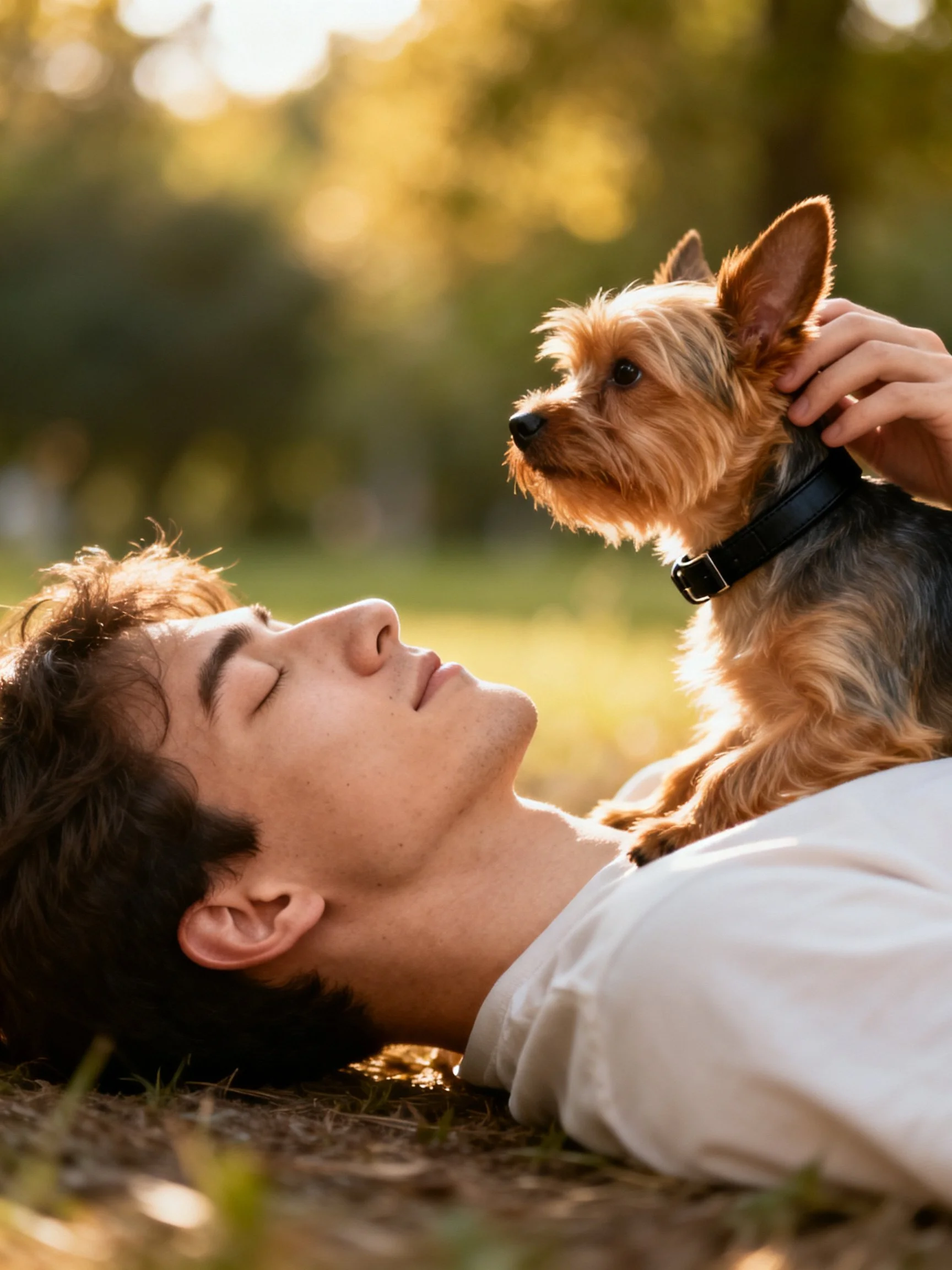 A person relaxes outdoorswith a small dog sitting on their chest.