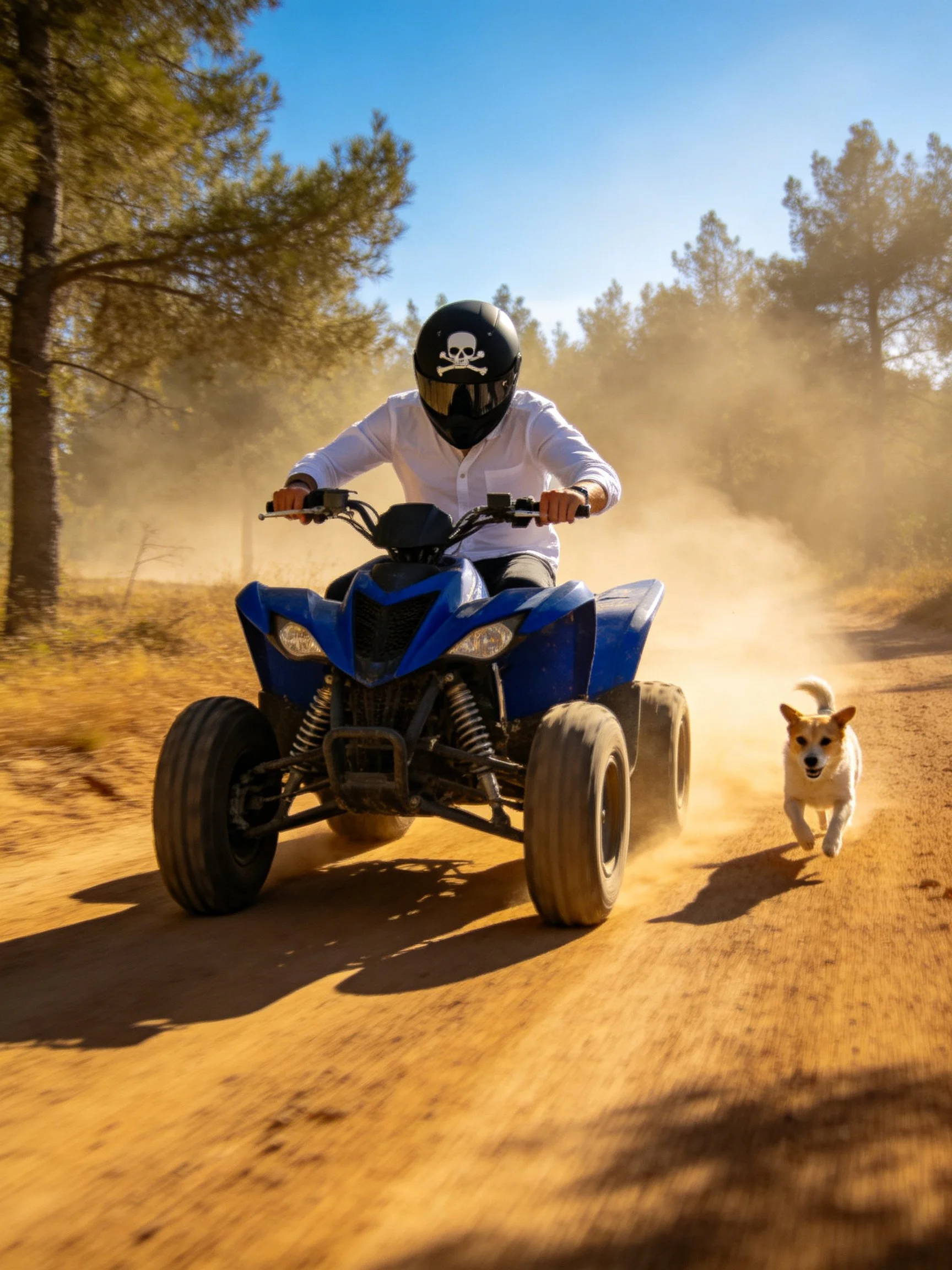 A person drives a blue ATV while a dog runs alongside on a dusty forest trail.