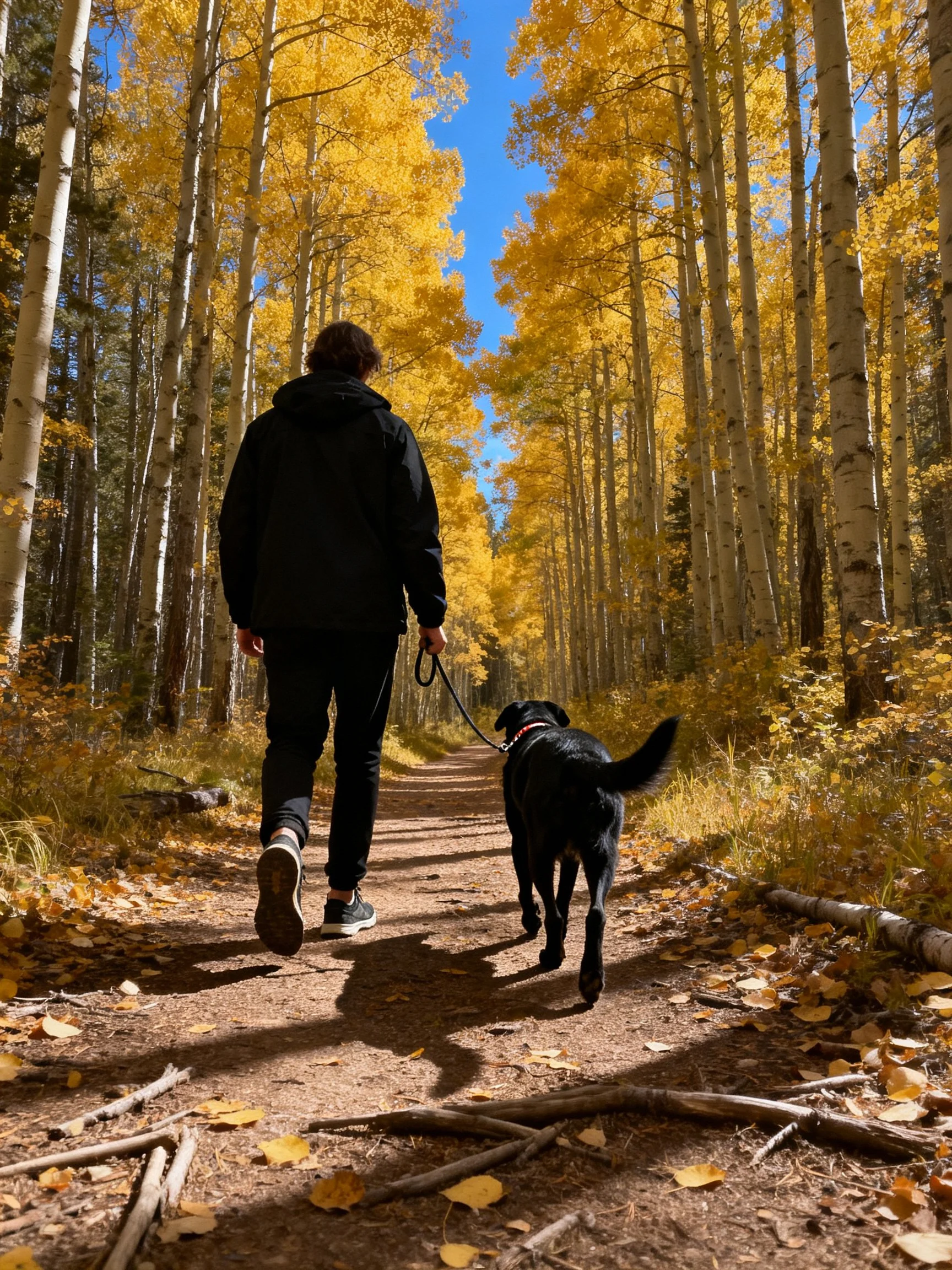 A person walks a dog on a leaf-covered path amid golden autumn trees.