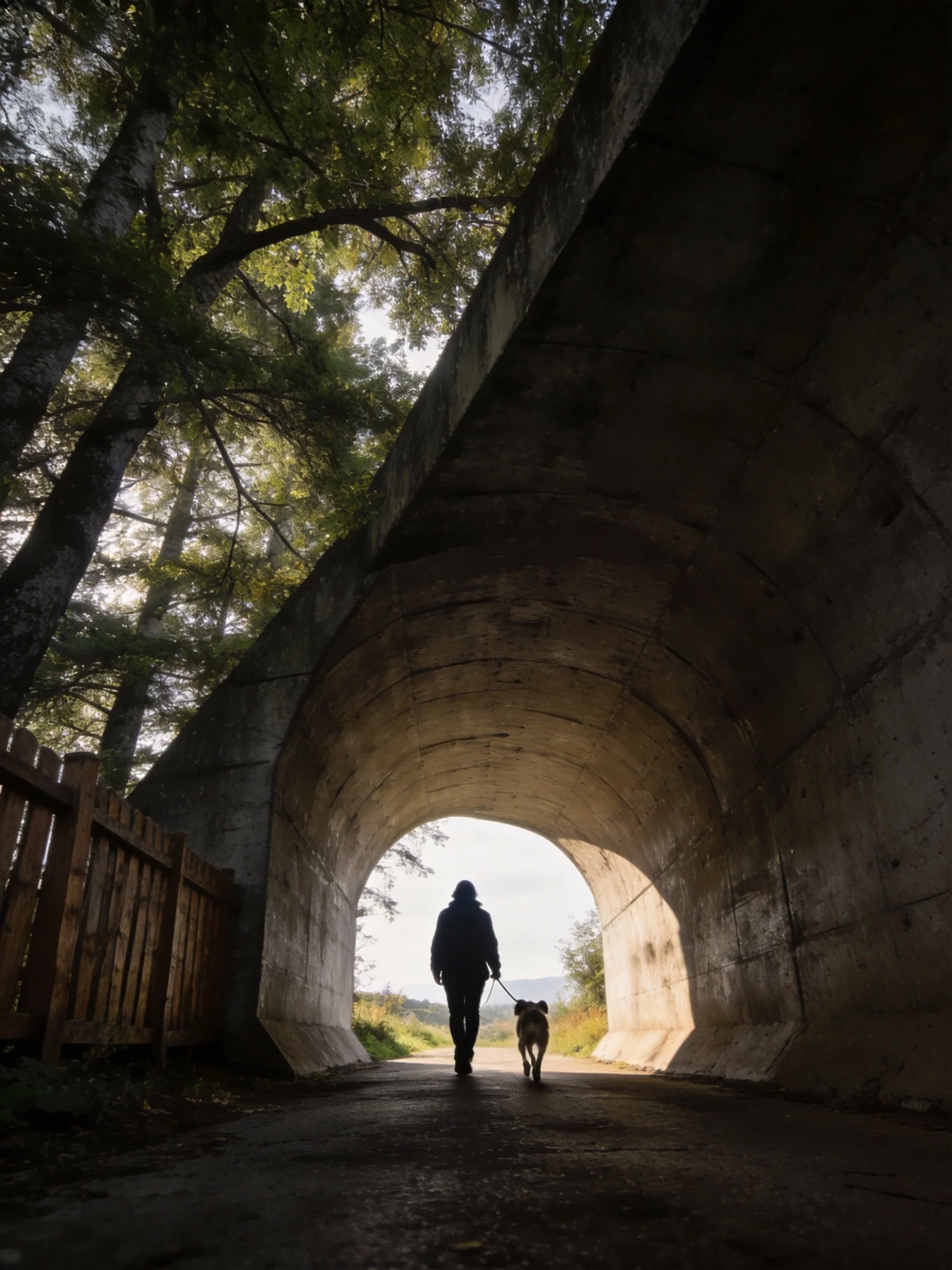 A silhouetted person walks a dog out of a concrete tunnel into daylight.