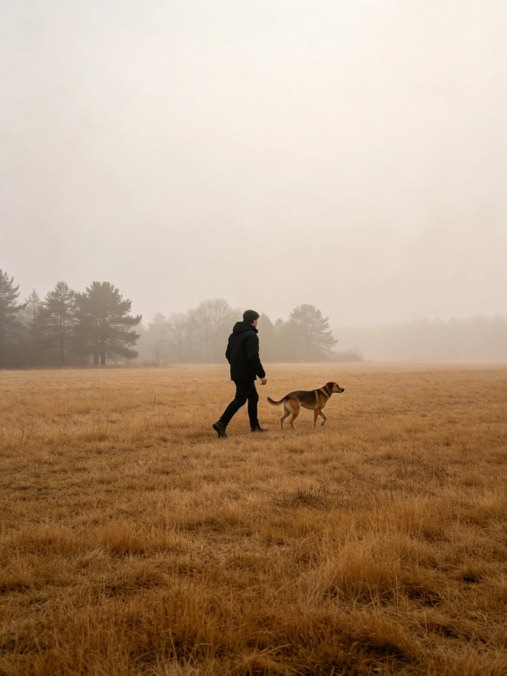 A person walks a dog through a misty open field with distant trees.